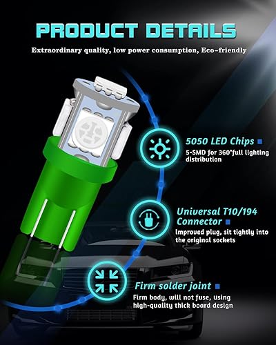 Miniatura 4 de UNXMRFF 194 bombillas LED verdes T10 LED para mapa, W5W 168, bombilla 2825 5050 5-SMD chips LED brillantes de 12 V CC, 194 bombillas de repuesto