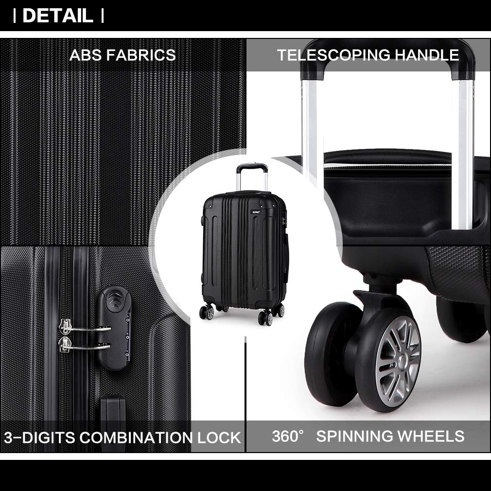 KONO 20"/24"/28" Viaggio Rigida e Leggerain ABS con 4 Ruote Rotanti Bagagli Alla Moda per Vacanze di Lavoro (Nero, M-65 cm)