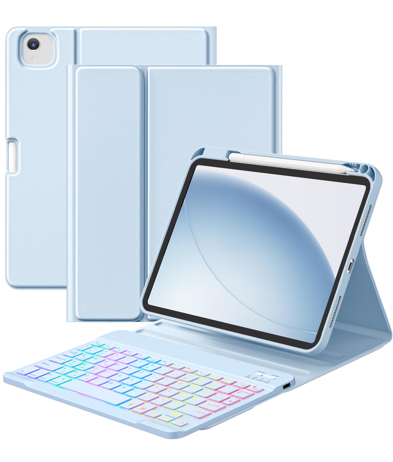 Vobafe Hülle mit Tastatur Kompatibel mit iPad A16 11 Generation 2025/10 Gen 2022 10.9 Zoll, Air 11 Zoll M3/M2, Air 5./4., Pro 11 4/3/2/1,Bunte Beleuchtung,Abnehmbare,QWERTZ,mit Stifthalter, Hellblau