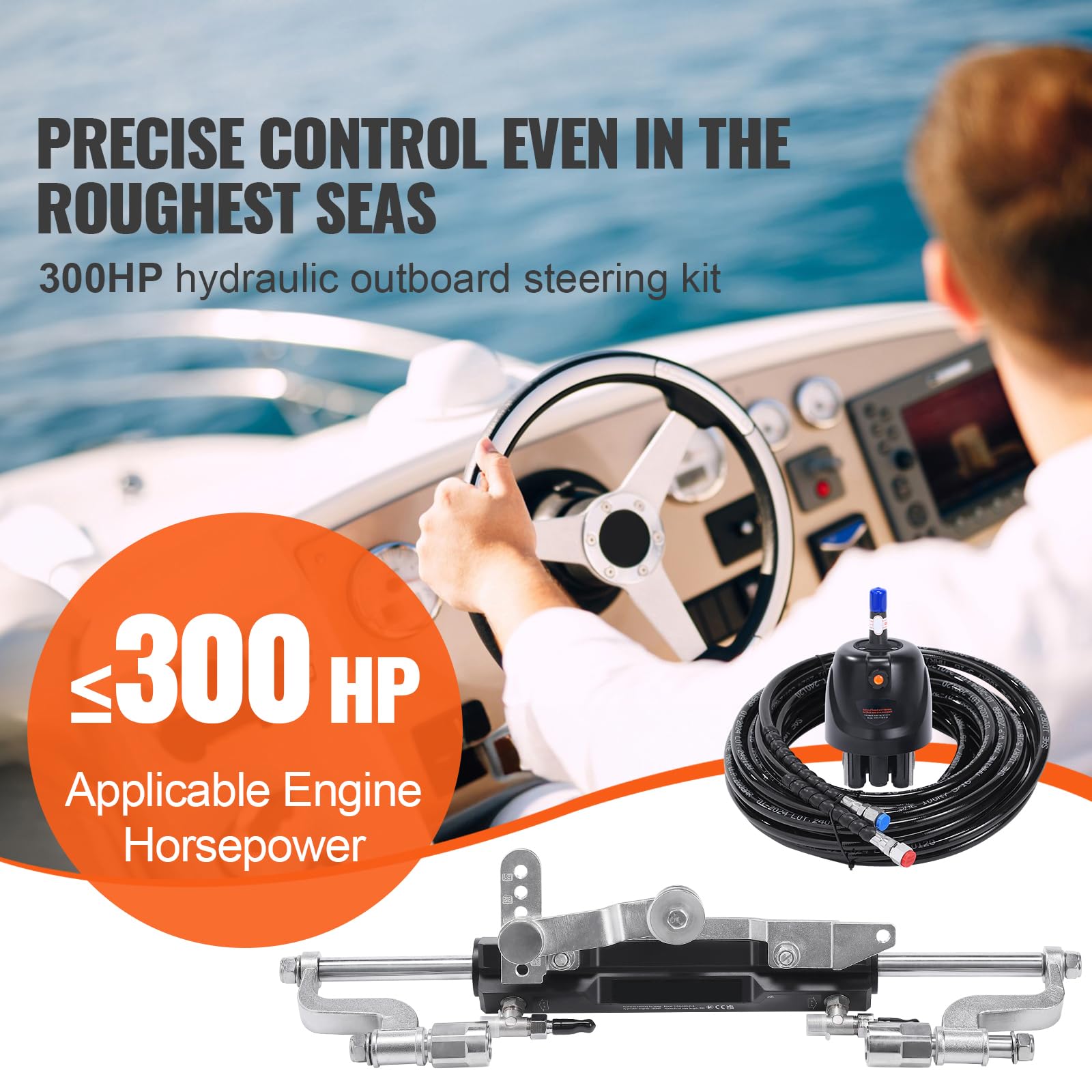 Happybuy 300HP Hydraulic Outboard Steering Kit, Marine Boat Hydraulic Steering System. Comes with Helm Pump, Two-Way Lock Cylinder, and 26 Feet Hose. for Single Station Single-Engine Boats