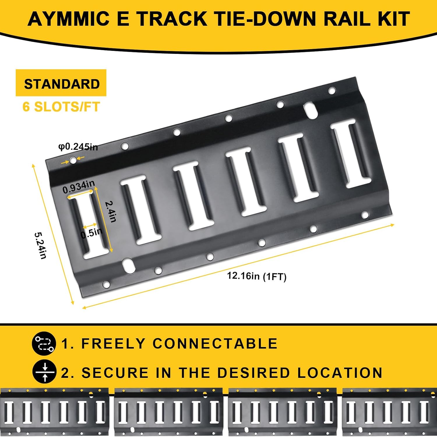 E Track Tie-Down Rail Kit, Heavy Duty Steel 1FT E Tracks Rail Set, Includes 4 black Steel Rails & 8 O-Rings E-Track Accessories for Cargo Securement in Trailers Flatbeds Vans Warehouses, 4 Pack