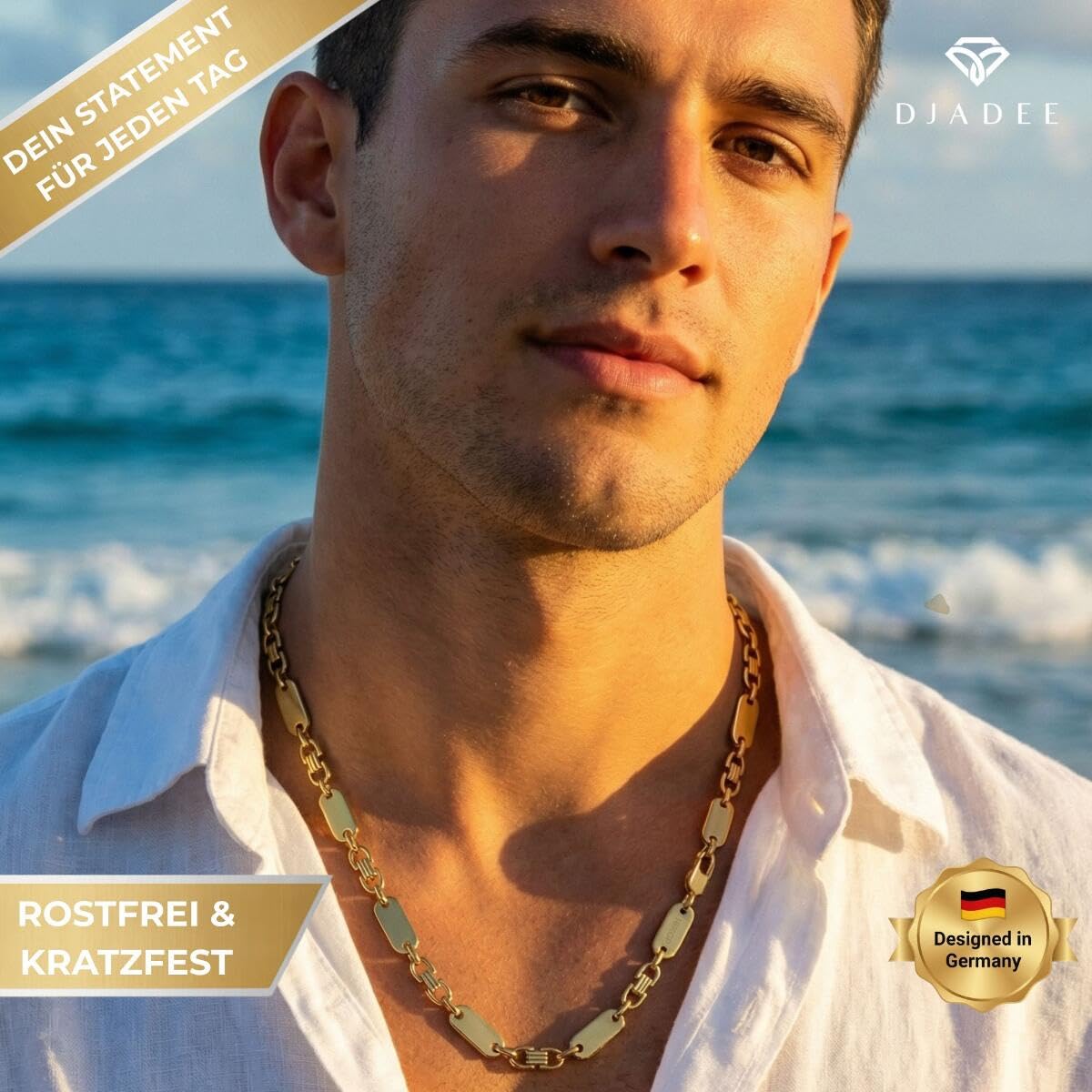 DJADEE Herren Kette Gold 750 vergoldet Premium Edelstahl 316L Plattenkette 6/8/10/12 mm Wasserfest Hypoallergen Hochglanzpoliert Geschenk für Männer Halskette Steigbügelkette 18 Karat gestempelt