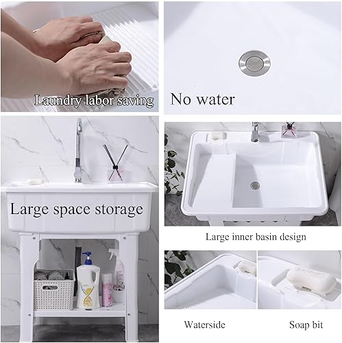 Miniatura 3 de Fregadero al aire libre de plástico independiente con grifo frío y caliente, para garaje, sótano, jardín (color gris)