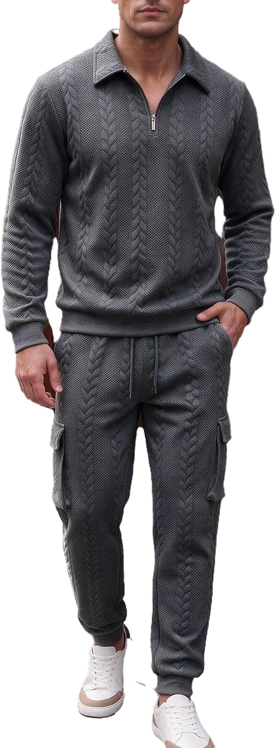 Men's Pullover Sweat Set 2 Piece Long Sleeve Polo Shirt Jogger Sweatpants