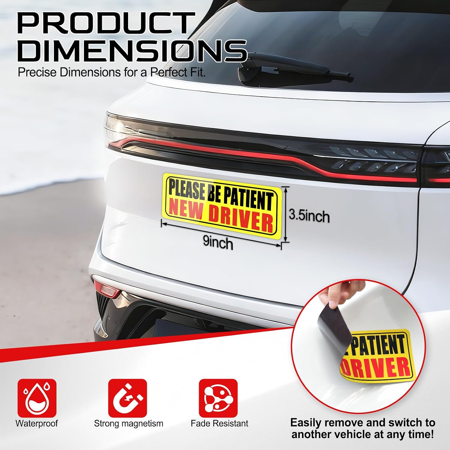 JUSTTOP Please Be Patient New Driver, Student Driver Magnet for Car, New Driver Magnet for Car, Reusable Movable Reflective Safety Warning Bumper Magnets