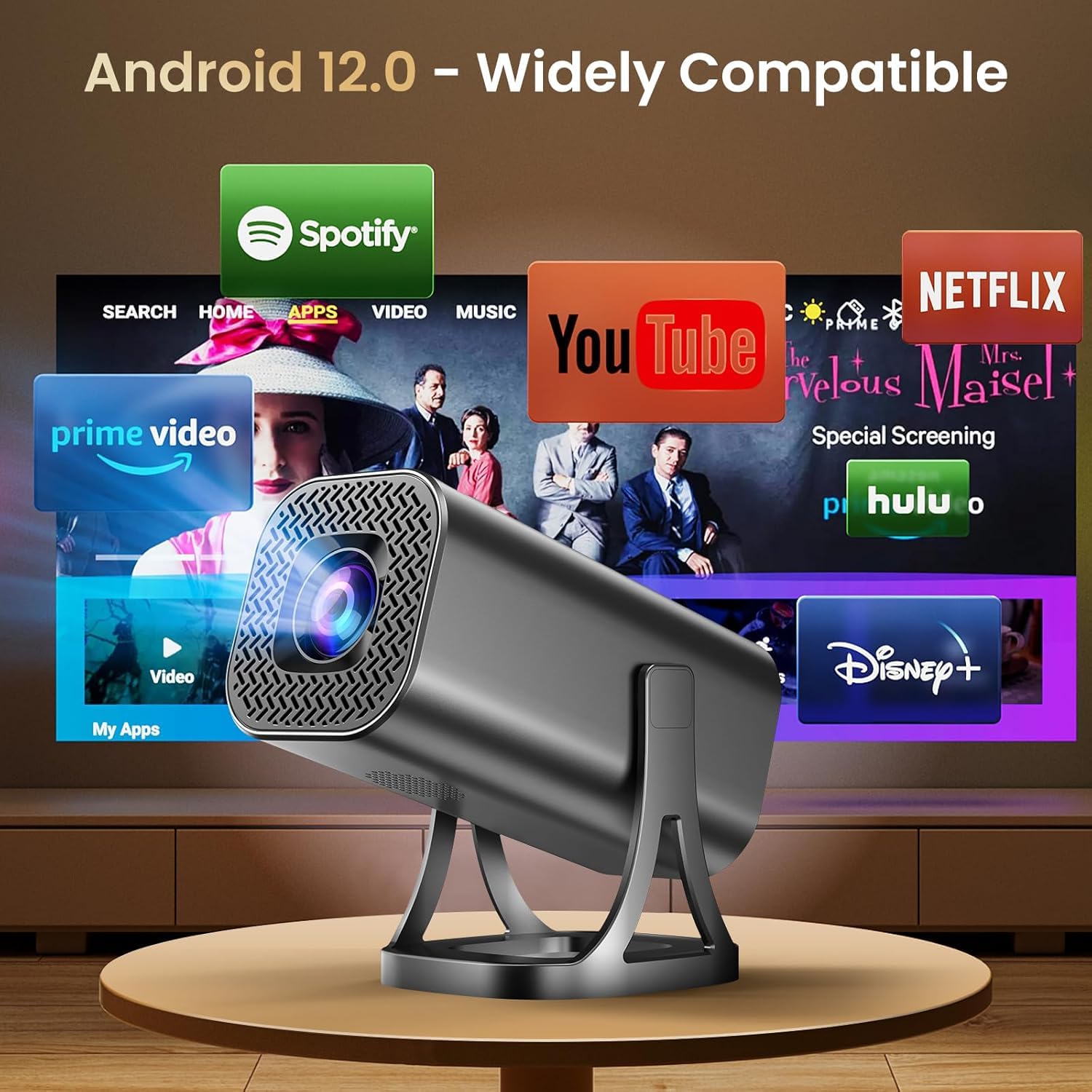 Proiettore portatile con WiFi 6 Bluetooth 5.4, Supporto 1080P 4K, Mini Proiettore Android 12.0 con Auto Keystone e Zoom Regolabile, Rotabile 270°, Compatibile con HDMI/USB/laptop/TV Stick/Telefono