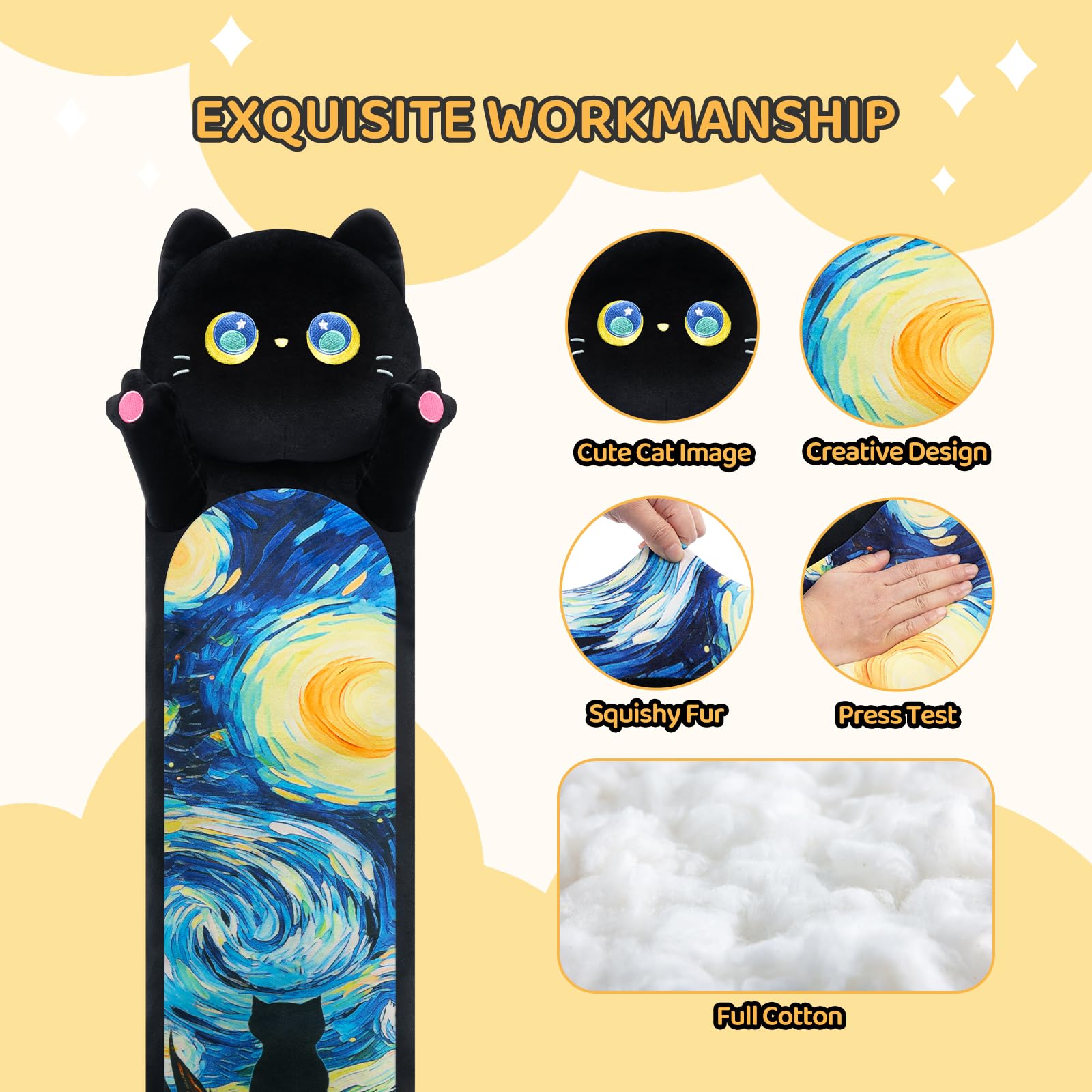 Mewaii 44” Long Cat Plush Body Pillow, Cute Black Cat Stuffed Animals Kawaii Plushies - Image 3