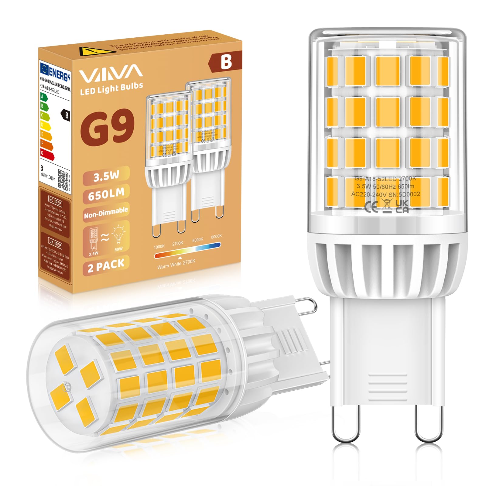 G9 LED Lampen Warmweiß 2700K, 3.5W, 650LM Energieeffizienz der Klasse B, Ersatz für 50W Halogenlampe, G9 LED Leuchtmittel, Nicht Dimmbar, 360° Strahl, AC 220-240V, Energiesparende Glühbirne-2 Stück