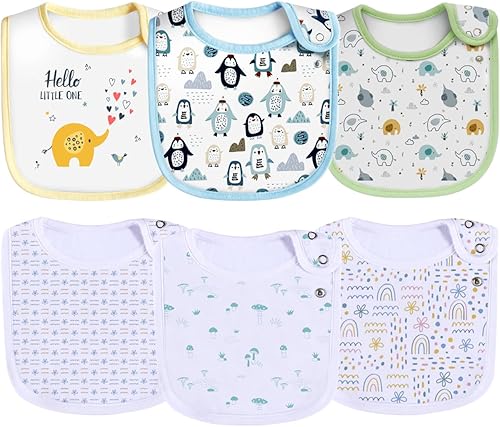 Miniatura 7 de Maiwa Paquete de 6 baberos de algodón impermeables con broches para bebés, niños y niñas, dentición babeo y alimentación