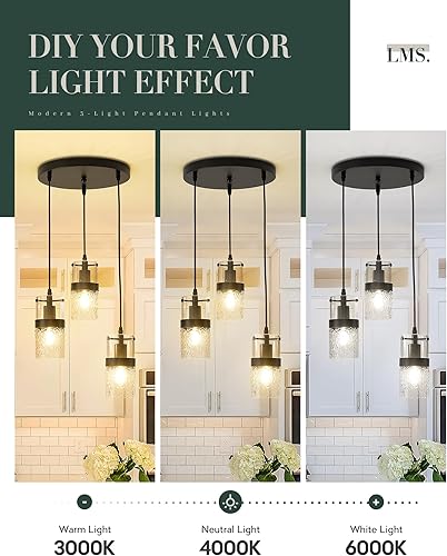 Miniatura 6 de LMS Accesorios colgantes negros de 3 luces, lámpara colgante de cocina ajustable, luces colgantes de racimo, LMS-188