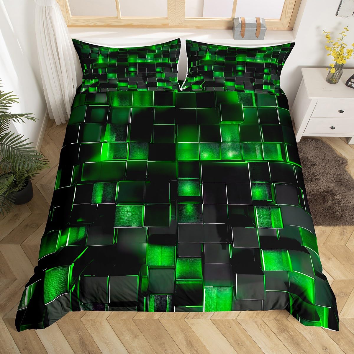 Homewish Black and Green Single Duvet Cover Set Modern Geometric Comforter Cover Gradient Neon Cubes Bedding Sets for Boys,Abstract Square Grid Bed Set Lattice Wall Brick Decor Quilt Cover