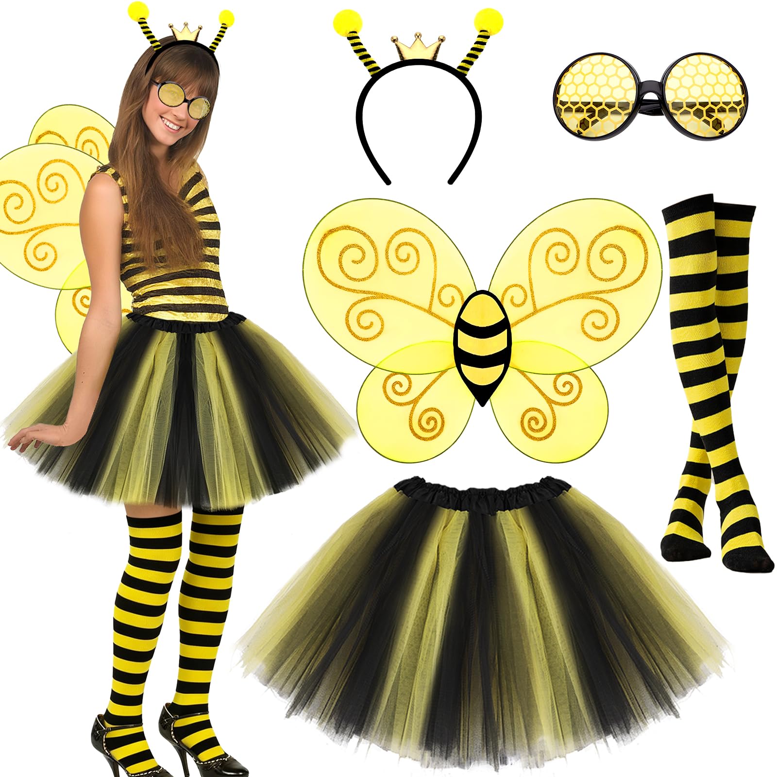 KMLGY 5 PCS Halloween Bee Costume Accessories for Adults - Bee Antenna Bopper Headband Glasses Wings Tulle Tutu Skirt Striped Knee Socks for School Halloween Costume