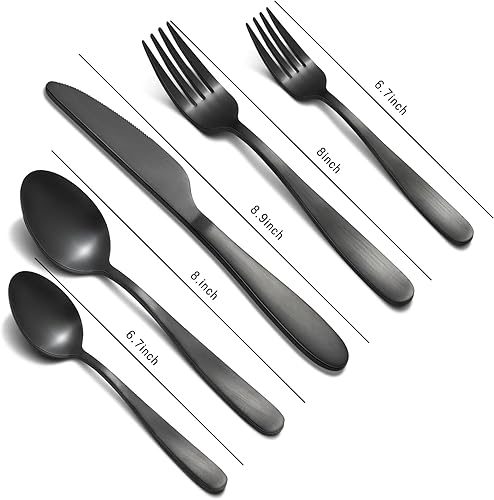 Miniatura 7 de Juego de cubiertos negros mate para 8, juego de cubiertos negros de 40 piezas, acero inoxidable, incluye tenedor, cuchara y cuchillo, juegos de