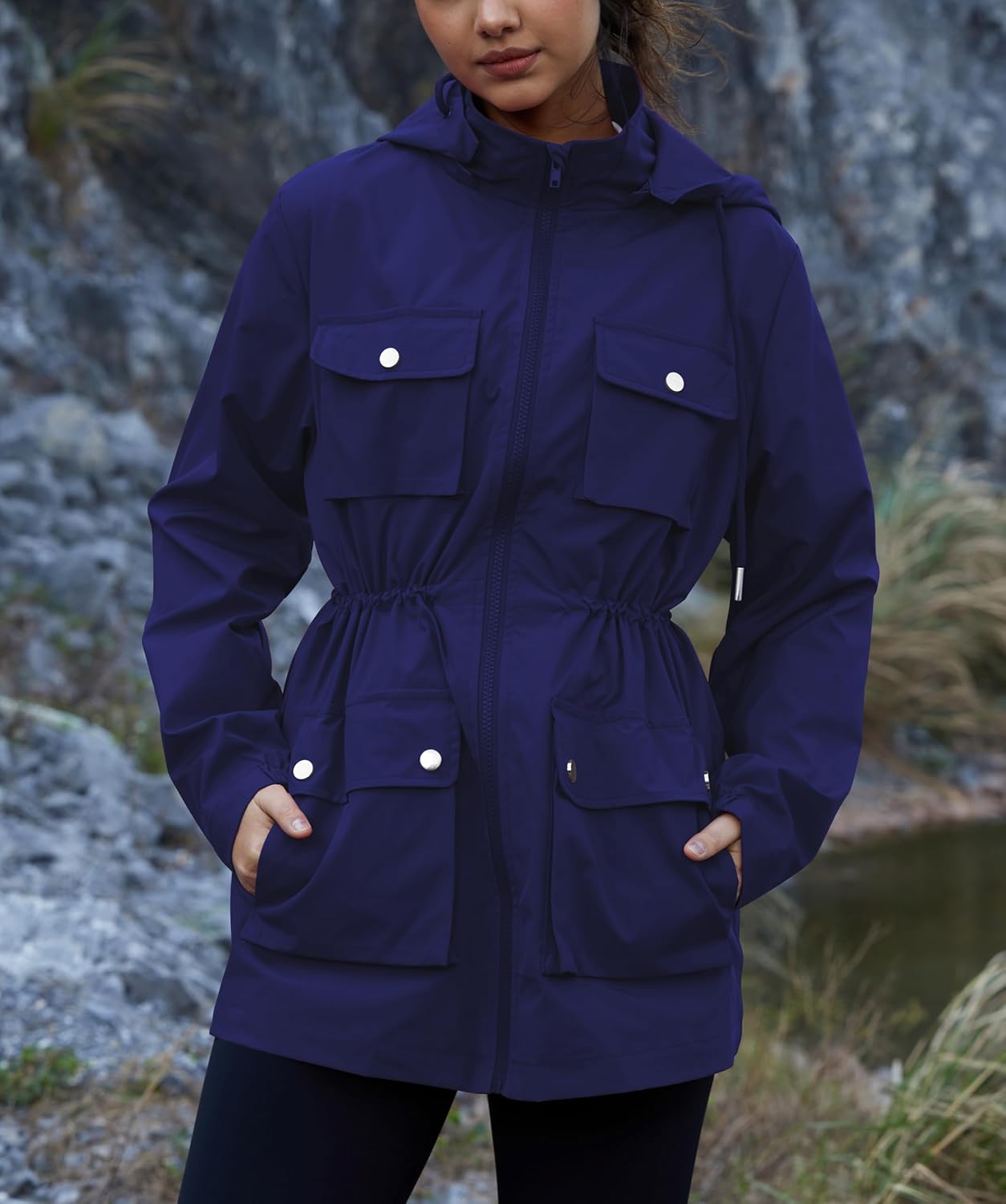 MAKARTHY Womens Packable Waterproof Windbreaker Rain Jacket with Removable Hood, Utility Cargo Raincoat with 7 Pockets