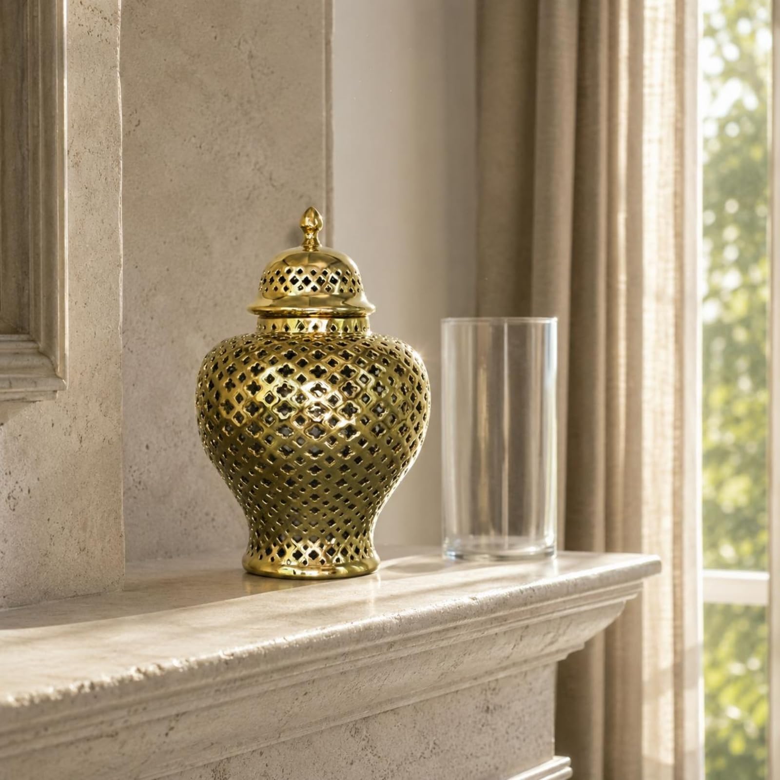 Jarrón Decorativo Cerámico Jarrón Bote Florero Diseño Clásico con Tapa Ceñida y Detalle en Cuerpo y Tapa Superficie Esmaltada Refinada para Brillo, Blanco, Blanco, Grande