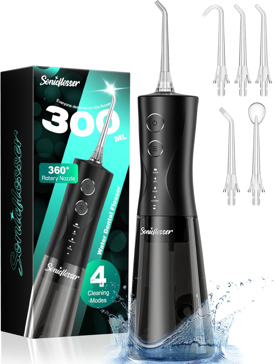 Portable Water Flosser for Teeth Pick - 4 Modes & 5 Tips, 300ML Cordless Design for Home Travel, IPX7 Waterproof, Rechargeable for Ultimate Clean, Ideal for Sensitive Gums and Braces BPA-Free