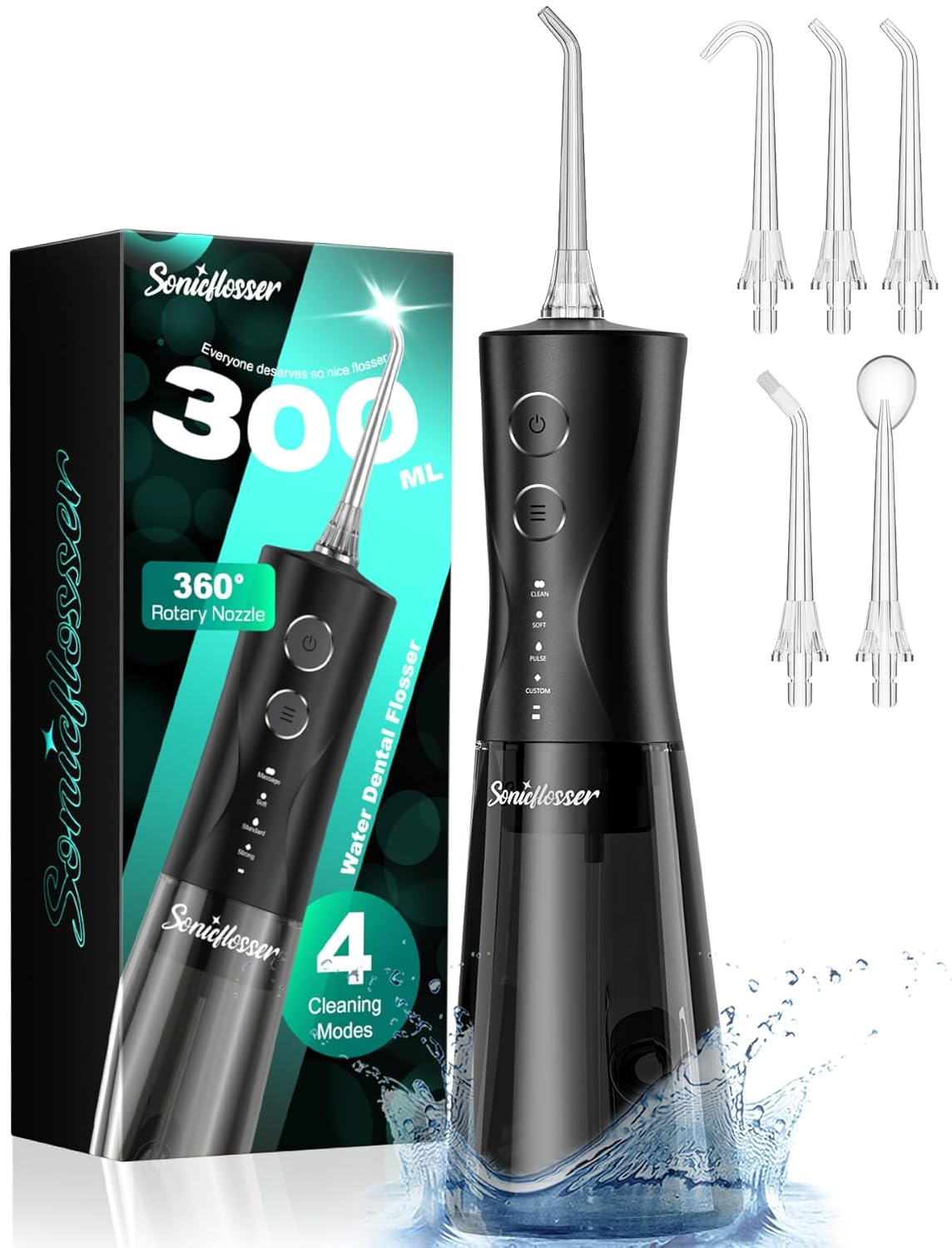 Portable Water Flosser for Teeth Pick - 4 Modes 5 Tips 300ML Cordless Design for Home Travel IPX7