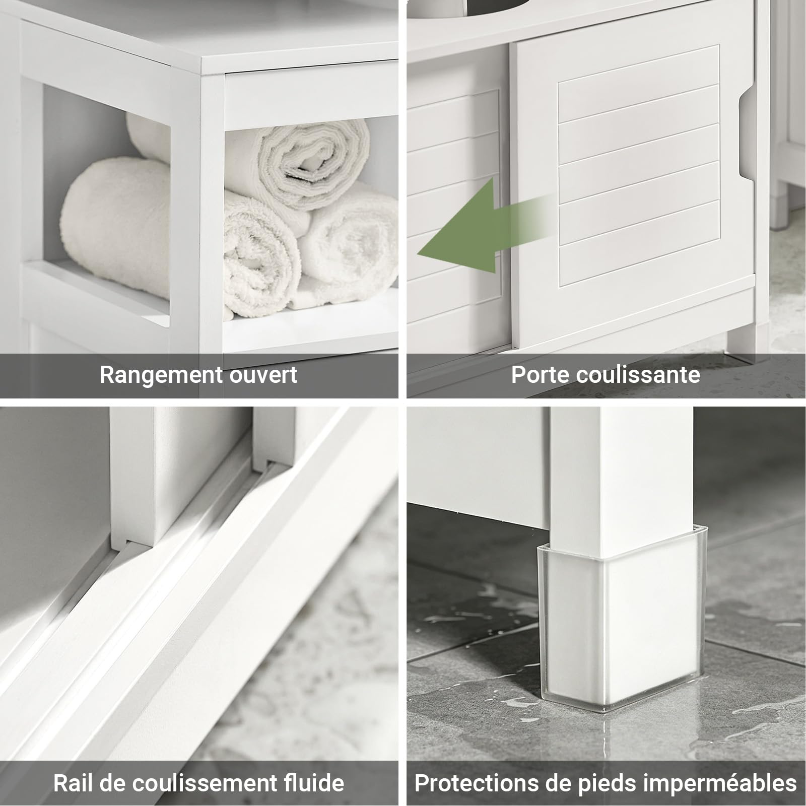 SoBuy Meuble sous Lavabo Salle de Bain avec 2 Portes Coulissantes Silencieuses, Meuble sous Lavabo, Rangement Optimisé pour Petite Surface, Anti-Humidité, Bois, Blanc, L60xP30xH60cm, FRG128-II-W