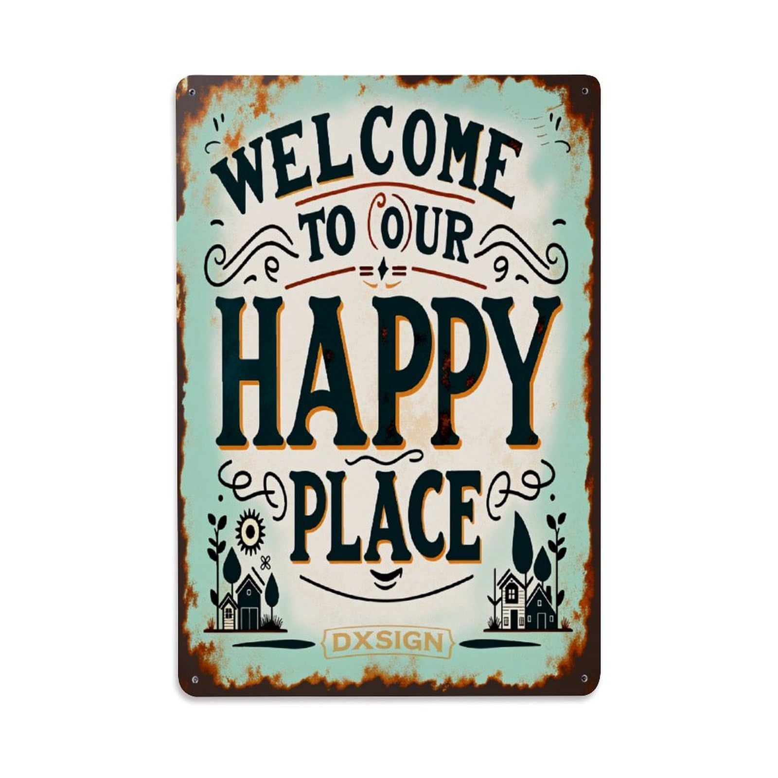 Enderetf Vintage Welcome To Our Happy Place Sign Tin Sign Retro Metal Wall Decor Metal Poster, Home Bar Garage Man Cave Cafe Indoor & Outdoor Decoration 8X12inches