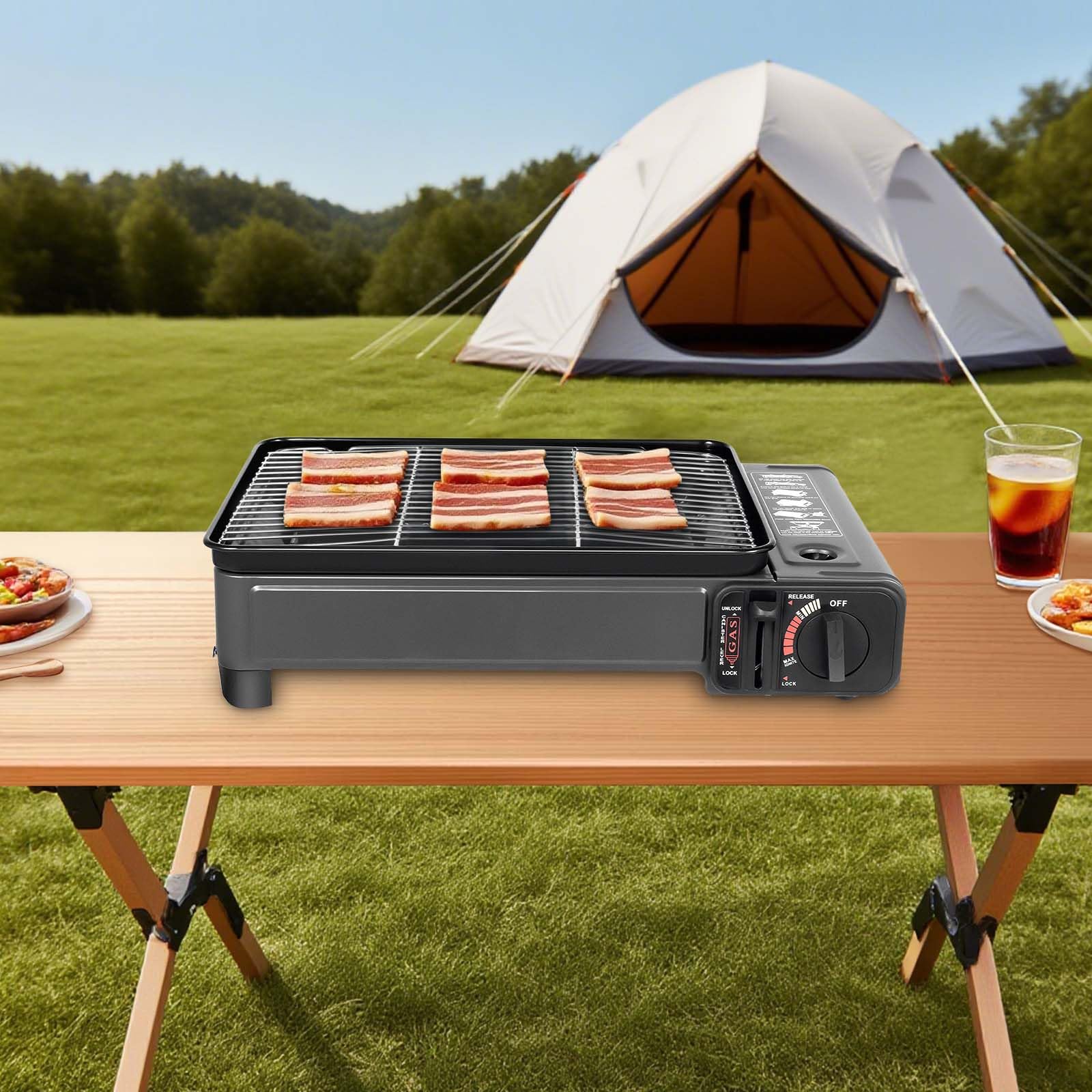 Barbecue a gas portatile per campeggio, fornello a gas per cartucce a gas e bombole di gas, set completo con griglia e teglia da forno e scatola di immagazzinaggio, barbecue da tavolo portatile con