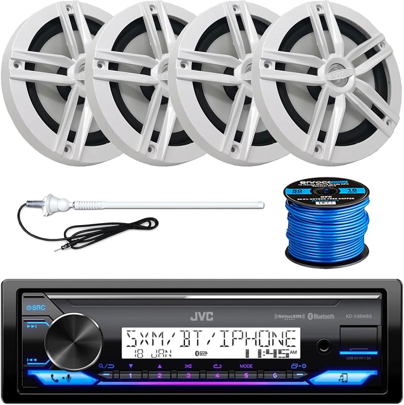 JVC Single Din Marine Bluetooth USB/AUX Stereo Receiver, 4X Enrock 6.5" 180 Watt Boat White Speakers, Long Range White Radio Antenna, Speaker Wire