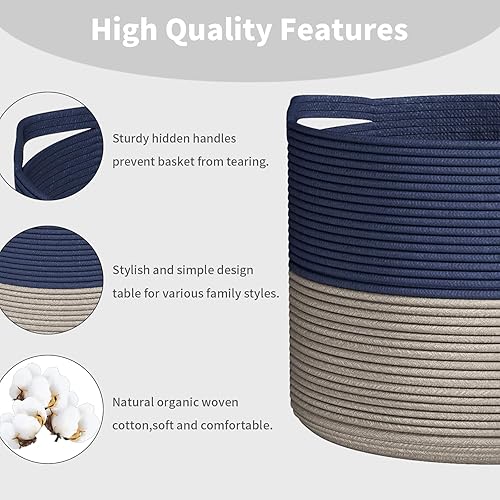 Cotton Rope Storage Bin - Large Woven Blanket Basket 22''x 22''x 14'' with Handle, Laundry & Pillow Basket for Living Room (Navy Blue)(Navy Blue)