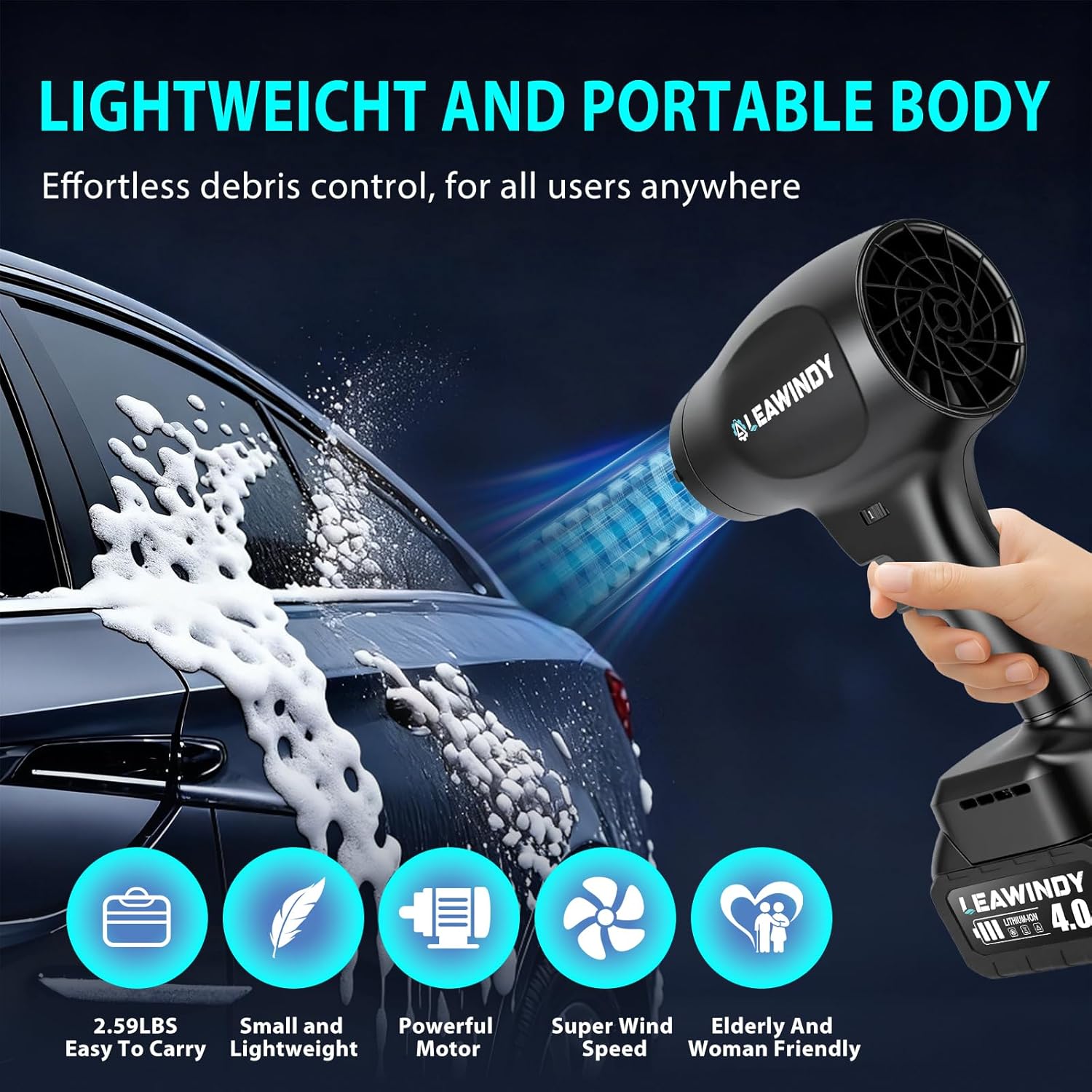 Leaf Blower Cordless with Extended Nozzle, 6 Speed Modes Turbo Jet Blower for Drying, Cordless Leaf Blower with 4.0AH Battery and Charger, Handheld Mini Leaf Blowers for Lawn Care, Patio, Car, Garage - Image 6