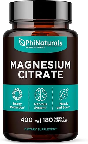 Cápsulas de citrato de magnesio en polvo 400 mg – [180 unidades] Suplementos puros sin OGM – Fabricado en los EE. UU.