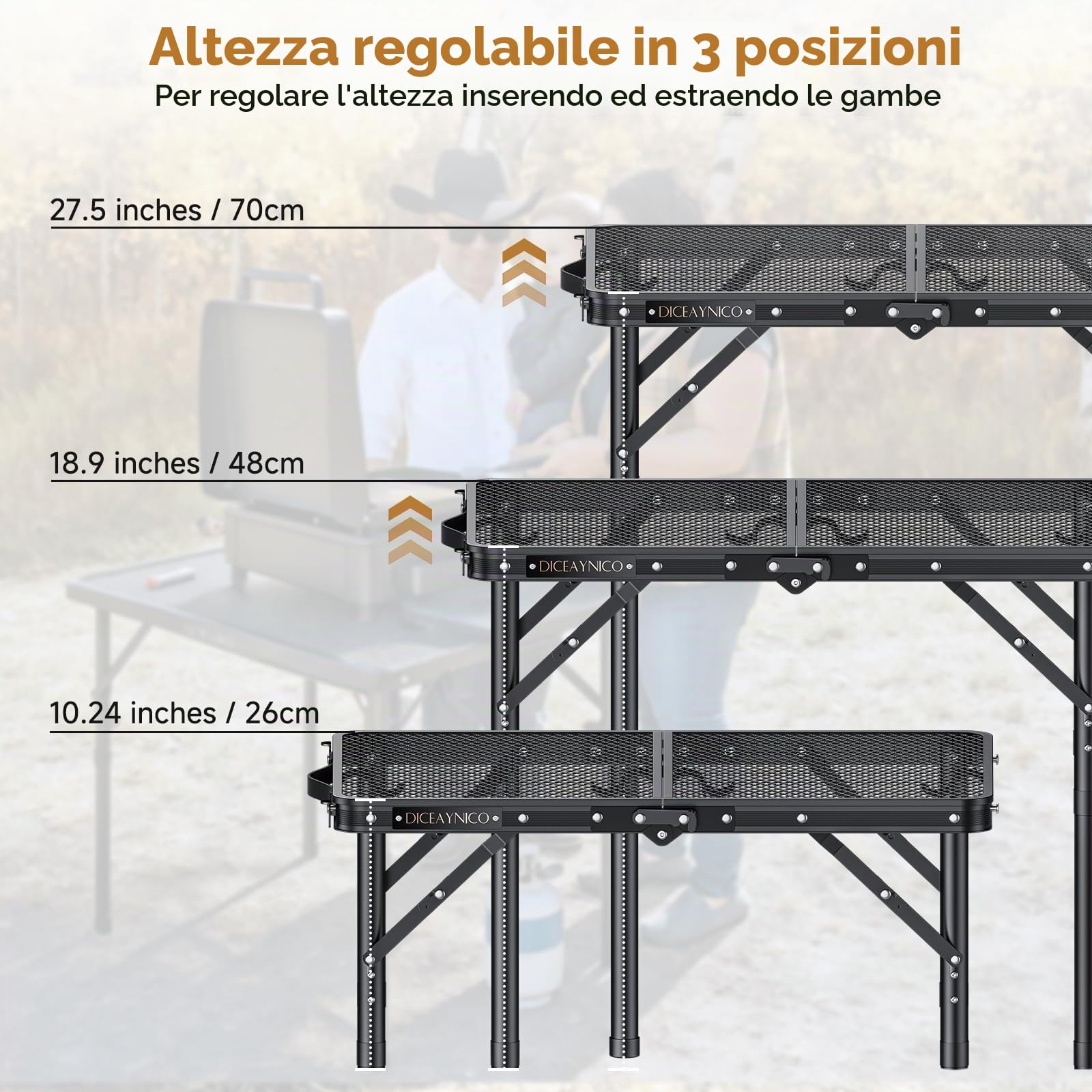 Tavolo da Campeggio Pieghevole, 55,9x38,1 cm, 3 Altezze | Piano in rete di alluminio nero a 2 pieghe, maniglia integrata, altezza max 69,9 cm, per picnic, giardino e patio