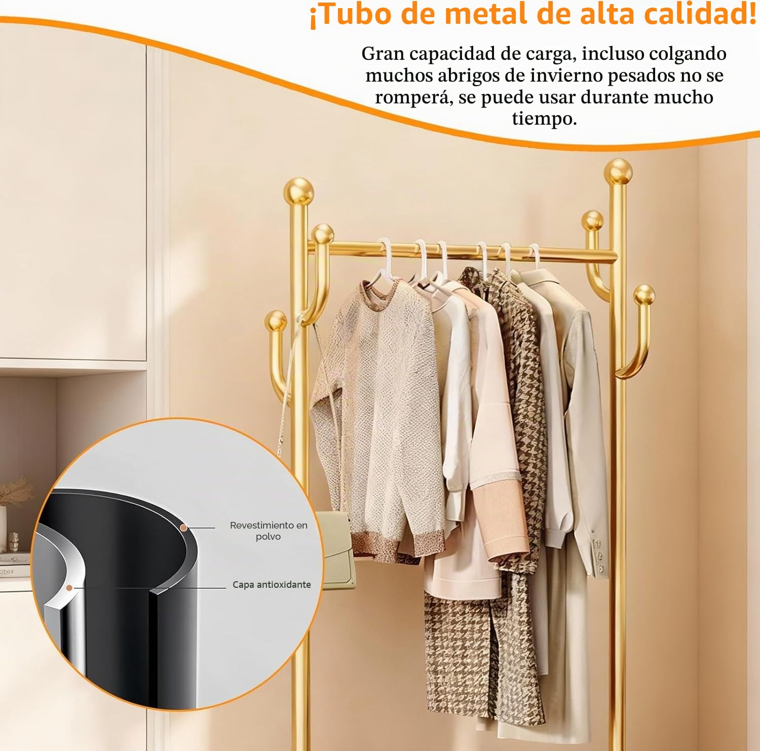 Perchero con ruedas, perchero de metal para dormitorio, con cesta de almacenamiento, 175 x 80 x 32 cm, perchero de suelo independiente para colgar ropa, dorado