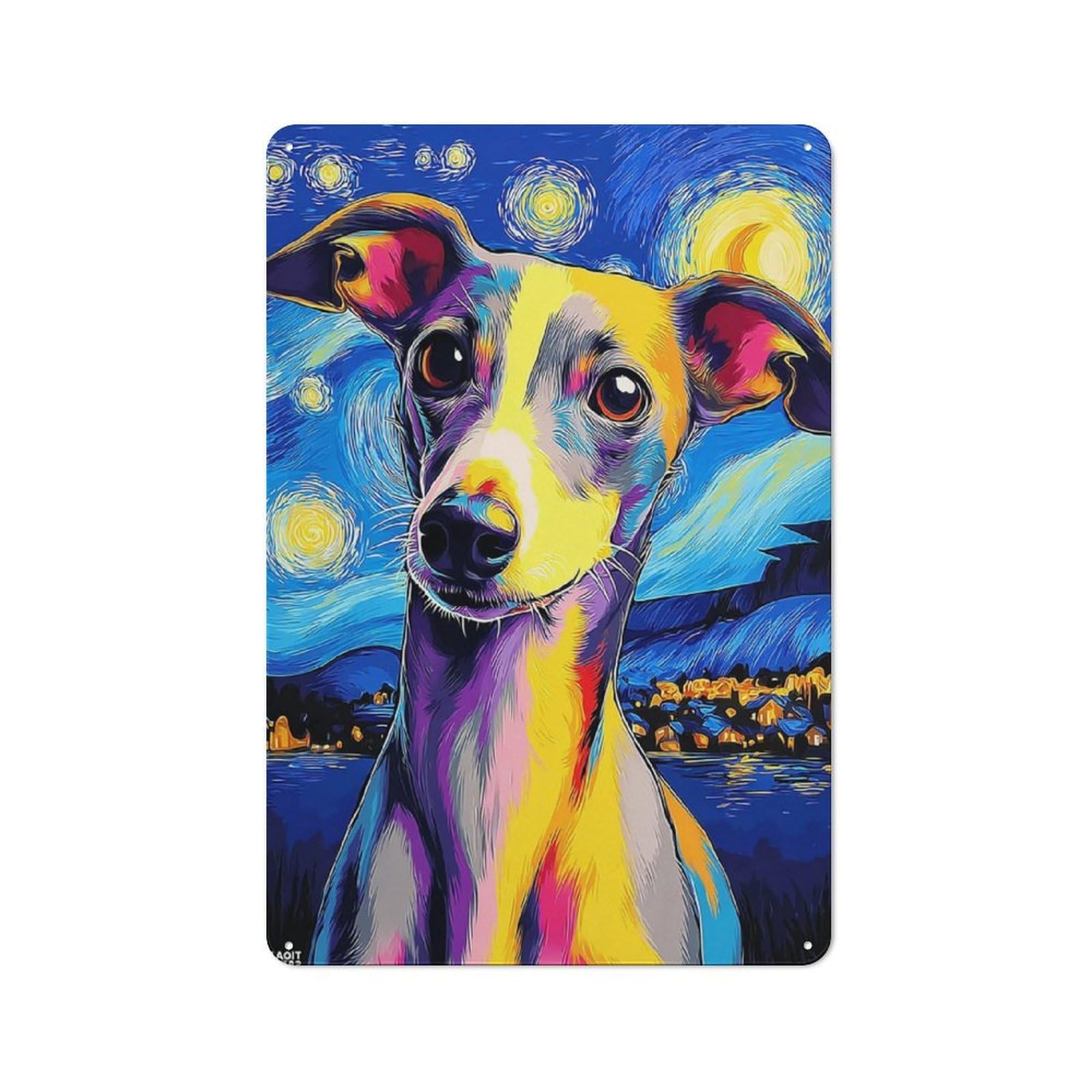 Junmoney Starry Night Whippet A Colorful Tribute Tin Wall Plaque 30X20cm With For Garage Or Workshop, For Living Room, Hallway And Entrance Wall Decor