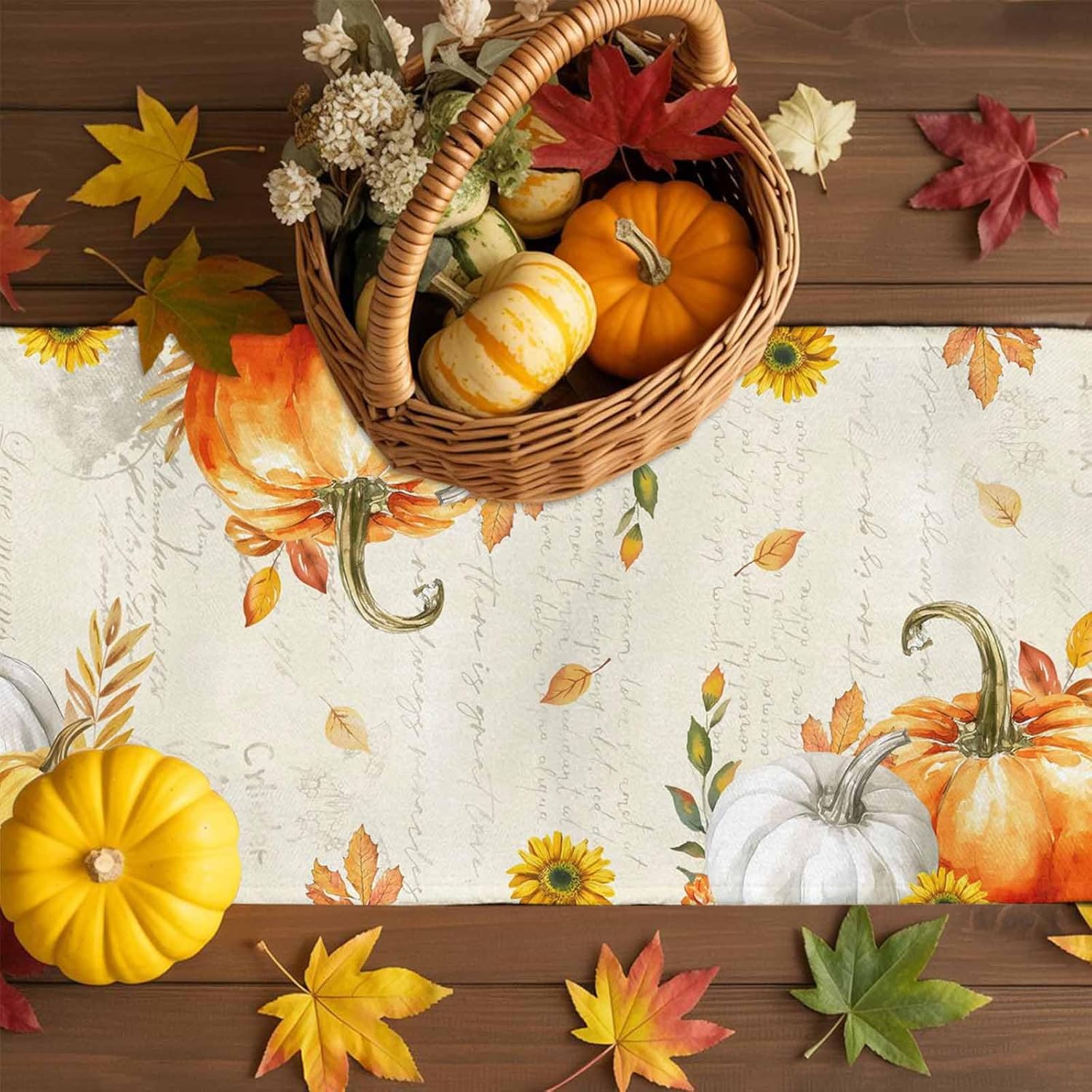 Fall Table Runner 13x108 Inches Long Pumpkin Maple Leaves Table Runners Cotton Linen Sunflower Wood Grain Autumn Dresser Scarf Kitchen Dining Table Decor for Harvest Thanksgiving Holiday Party Coffee
