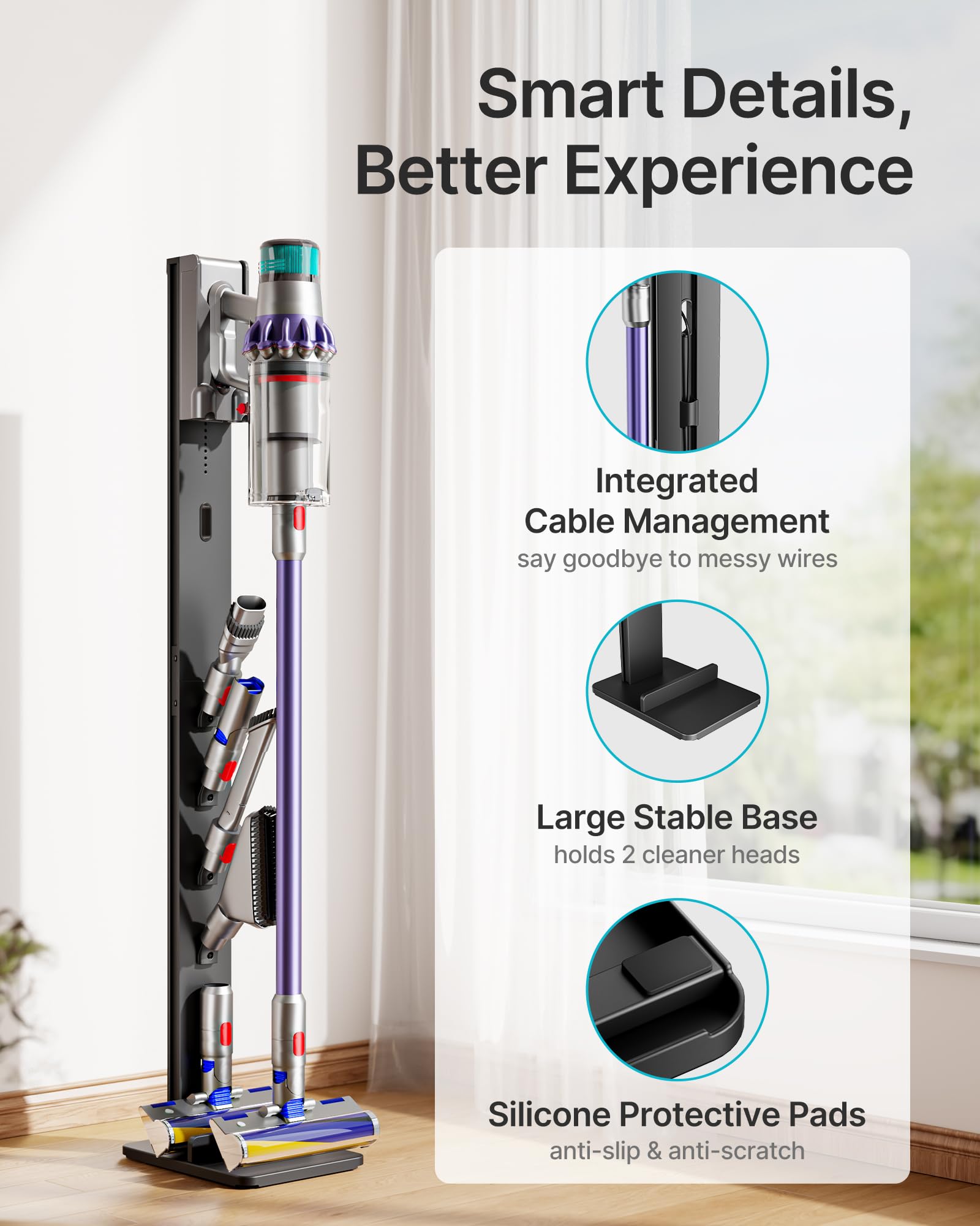 PEGZONE Soporte Aspiradora para Dyson Gen5 V15 V12 V11 V10 V8 V7 Negro | Compatible con Dyson, Soporte con 4 Ganchos, sin Taladrar, Guarda la Aspiradora y Todos los Accesorios