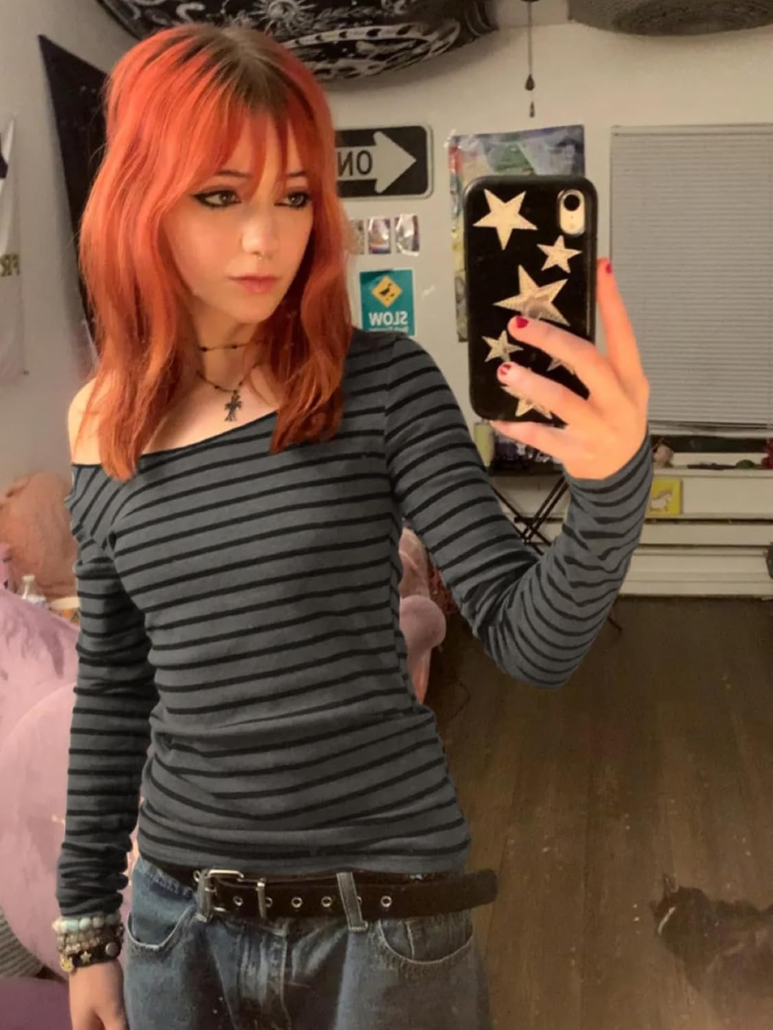 EMMIOL Off The Shoulder Tops for Women Striped Long Sleeve Shirts Going Out Top Y2k Fall Clothes - Image 4