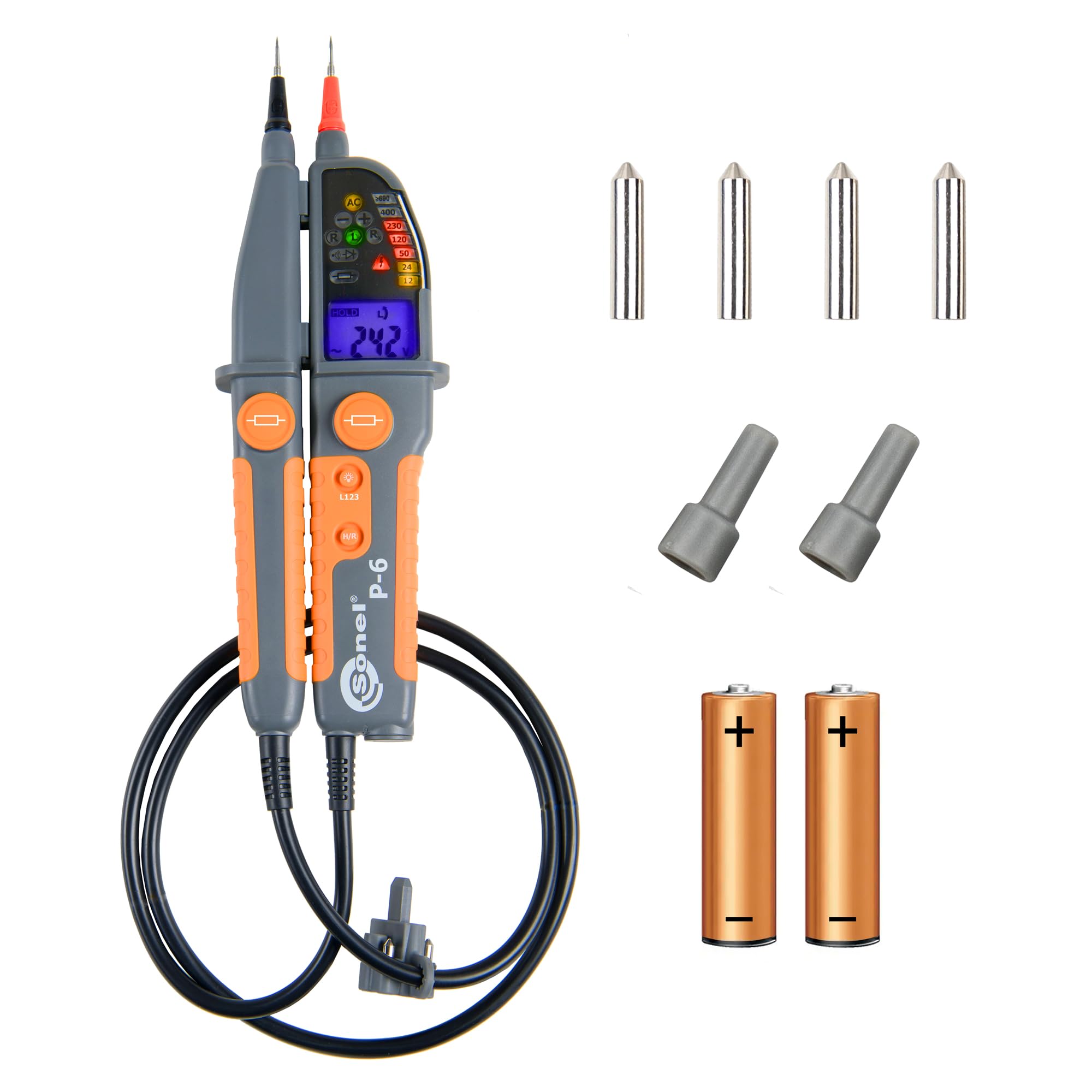 SONEL P-6 - Indicador de tensión bipolar avanzado con identificación de fase y medidas automáticas hasta 1000 V - Pantalla LCD, alarmas sonoras, IP65, CAT IV