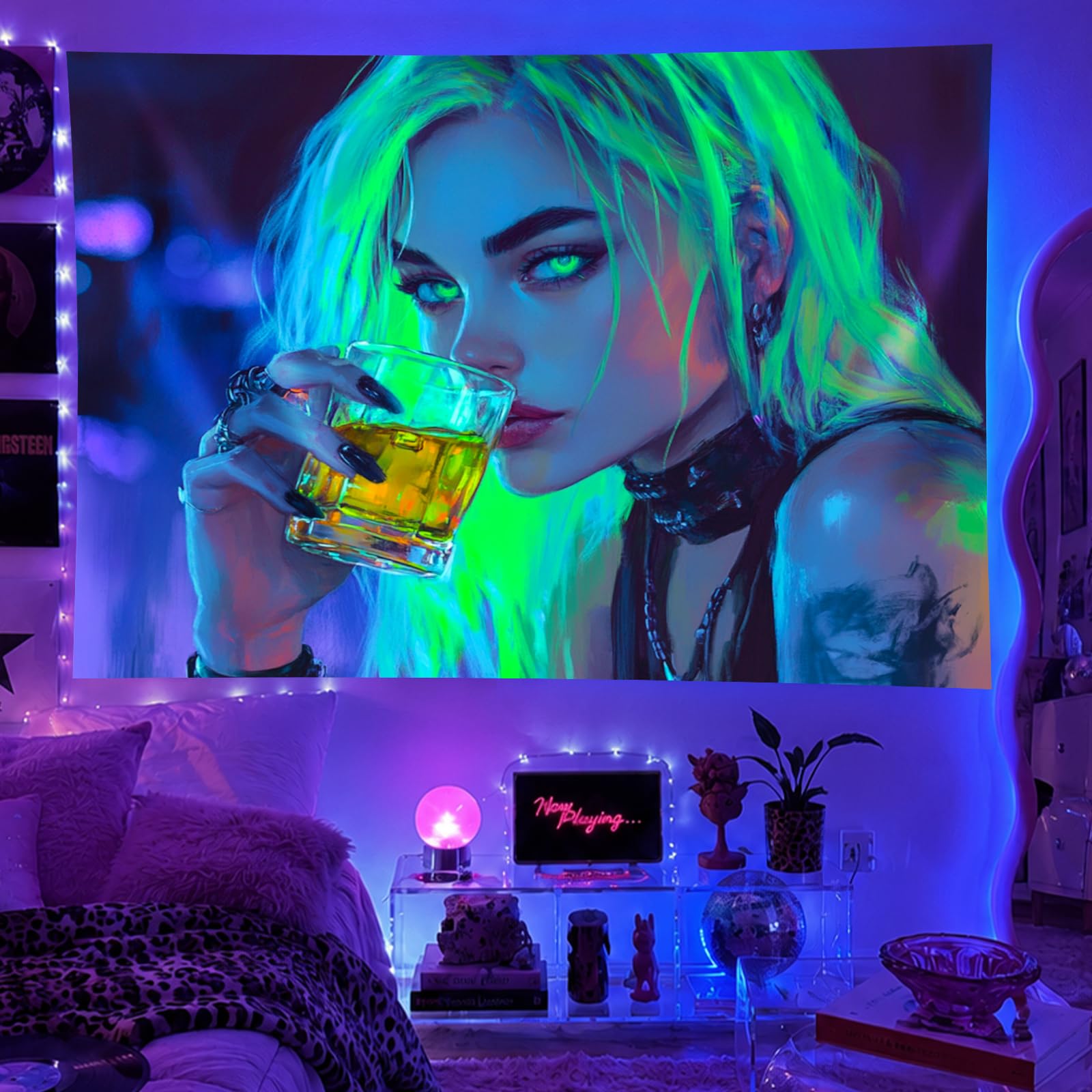 BlissYard Blacklight Cyberpunk Girl Tapestry 78x59 Inch Neon Drinking Woman