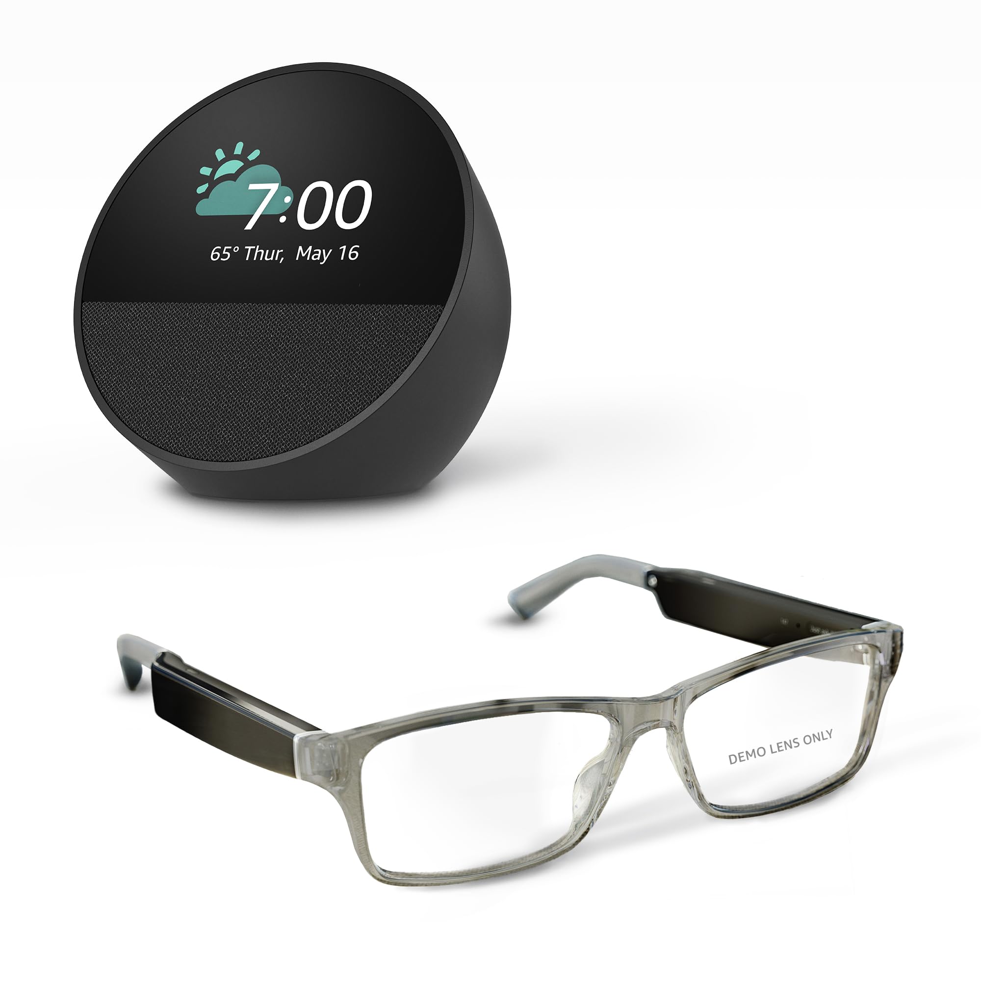 Amazon Echo Frames (newest model) + Echo Spot (newest model), Smart Glasses with Alexa, Modern Rectangle frames in Charcoal Gray with prescription ready lenses