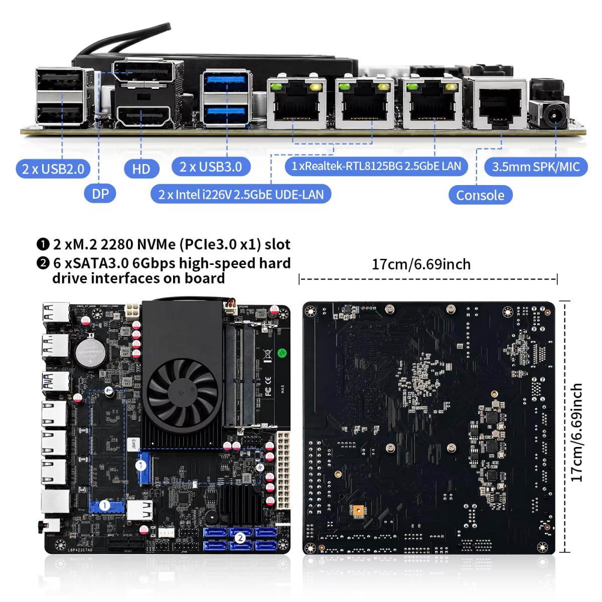 NAS Motherboard J6413 Processor Low Power, UHD Graphics, Firewall Mini-ITX NAS Board, 3 x 2.5GbE LAN, Dual M.2 2280 NVMe Slot, USB3.0, Barebone NO RAM NO SSD, Console