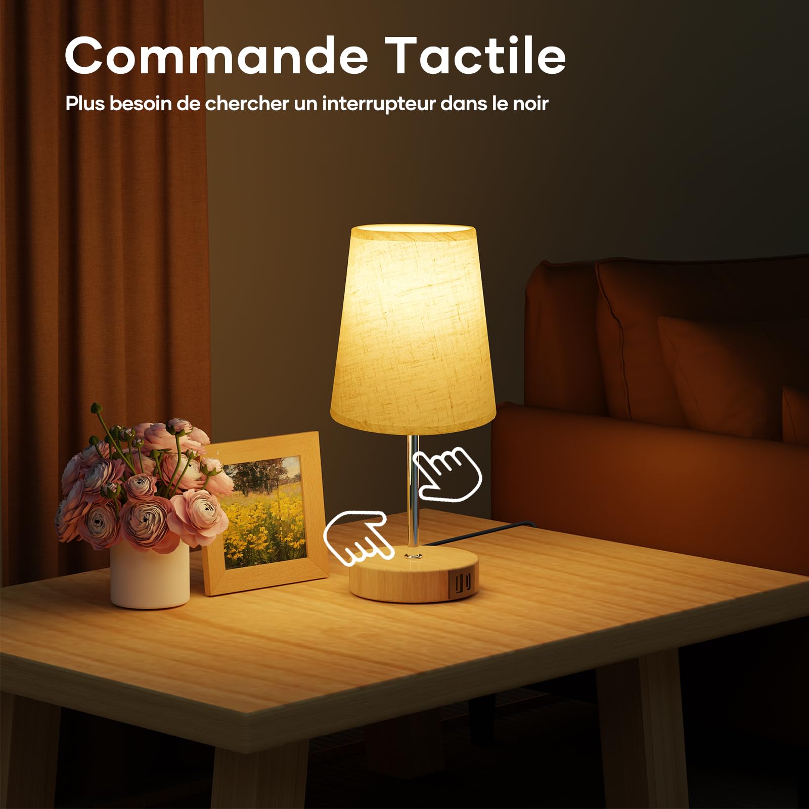 Suright Lampe de Chevet Tactile avec Ports de Charge USB-A + USB-C, 3 Niveaux de Luminosité, Abat-jour en Tissu, Petite Lampe de Table pour Chambrer Salon D'enfant Bureau (Ampoule Incluse)