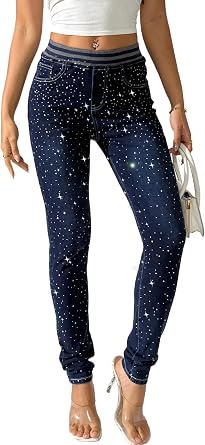heipeiwa Womens Rhinestone Jeans Pull On Skinny Denim Pants High Elastic Waist Sparkle Shiny Glitter Jeans