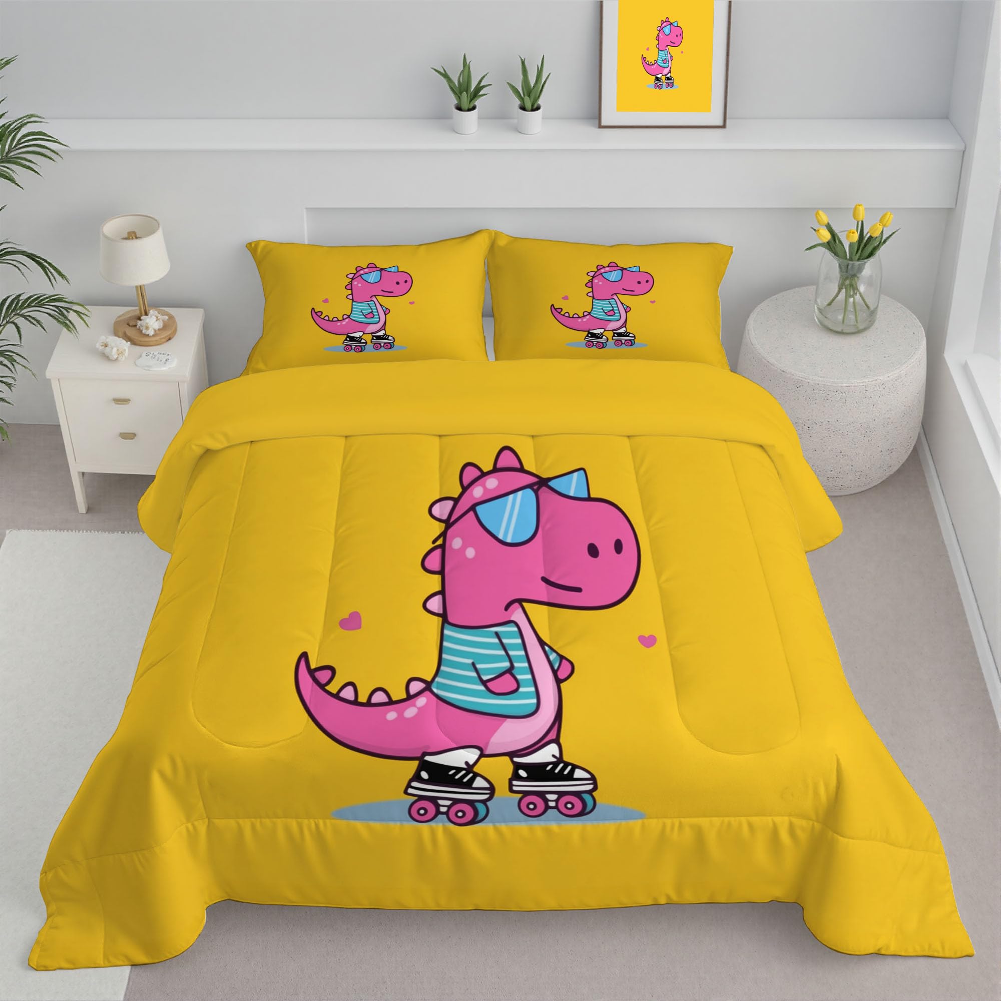 Couette motif dinosaure jaune pour une chambre cocooning et coloree