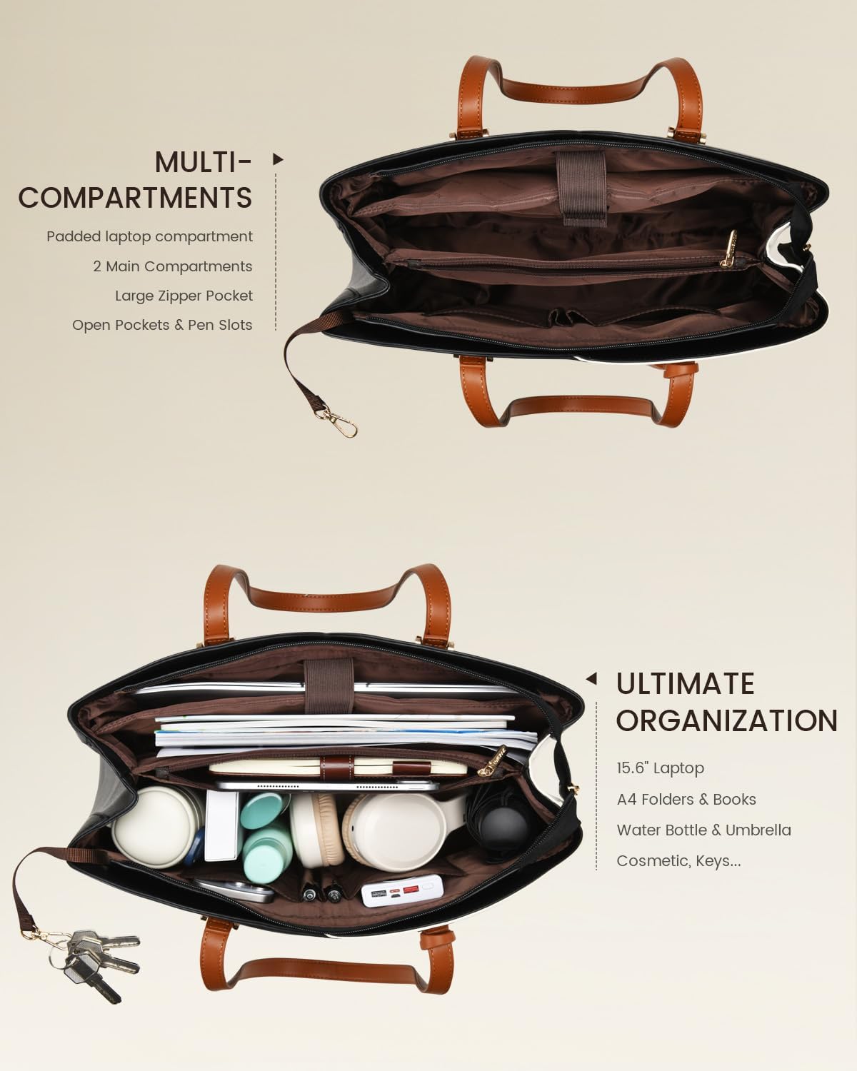 LOVEVOOK Laptop Tote Bag for Women, Work Bags Laptop Bag Teacher Tote Bag, Leather Computer Bag Large Purses Handbag Professional Briefcase, Black-Beige-Brown, 15.6 Inch - Image 3