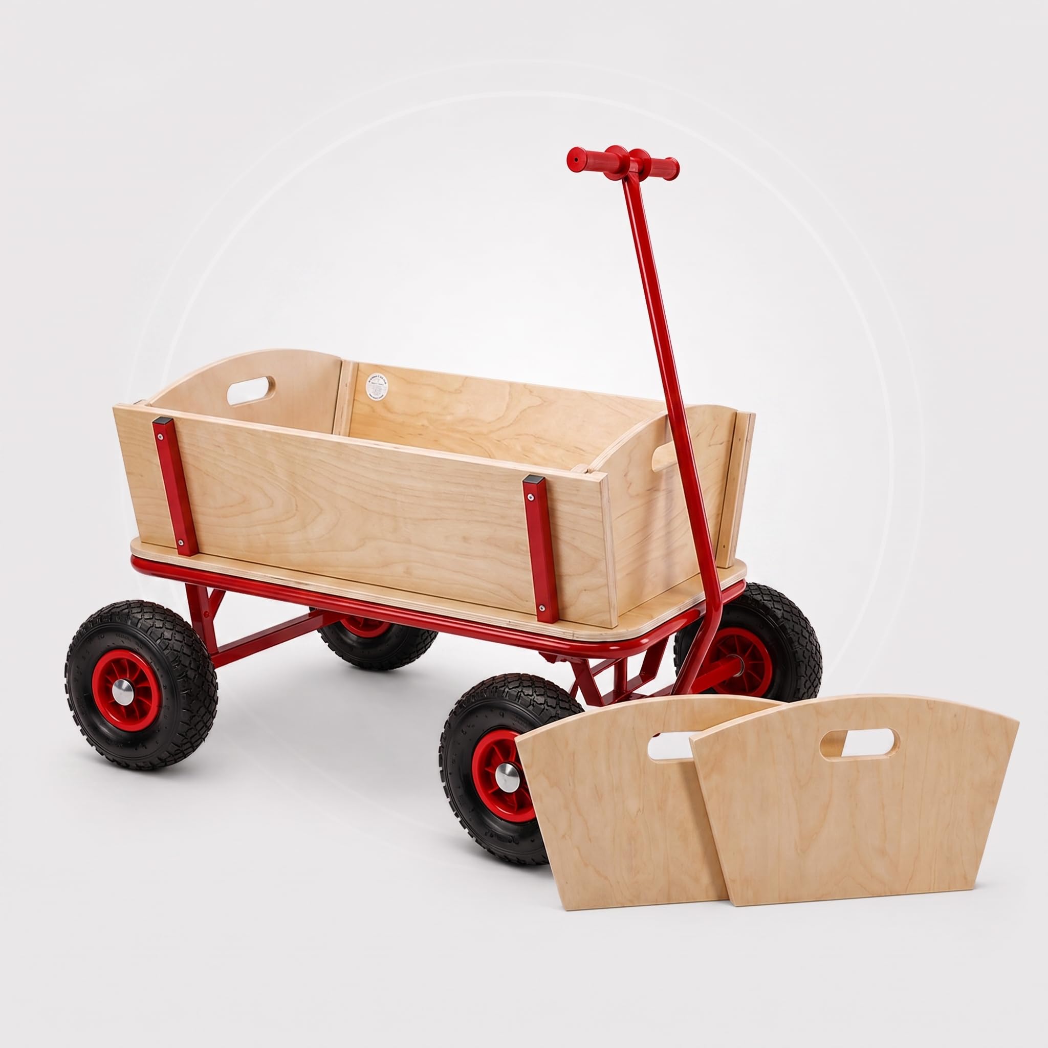 MONZANA® Bollerwagen Holz bis 180 kg mit Dach Luftreifen Stabil Robust Stahl Allround Handwagen Gartenwagen Strandwagen Leiterwagen Transportwagen Rot