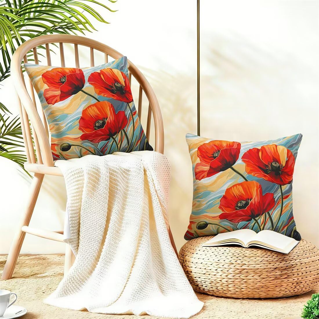 Outdoor Kissen Wetterfest Kissenbezüge 55x55 cm 2er Set Kissenbezug Mohnblume Sofakissen Deko Kissen Abstrakt Wasserfeste Frühling Sommer Kissenhülle Gartenkissen Zierkissen für Balkon Patio -GY195
