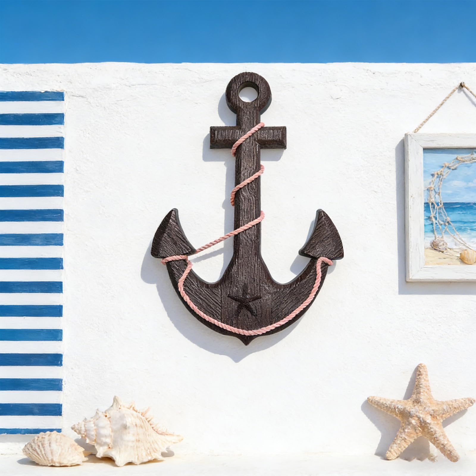 Qaixwuyi Retro Holz Anker Wanddeko mit Seil Nautische Maritime Dekoration 45x32cm Braun Strand Thema Dekoration Antik Stil Tür Hängeornament für Haus Bar Badezimmer