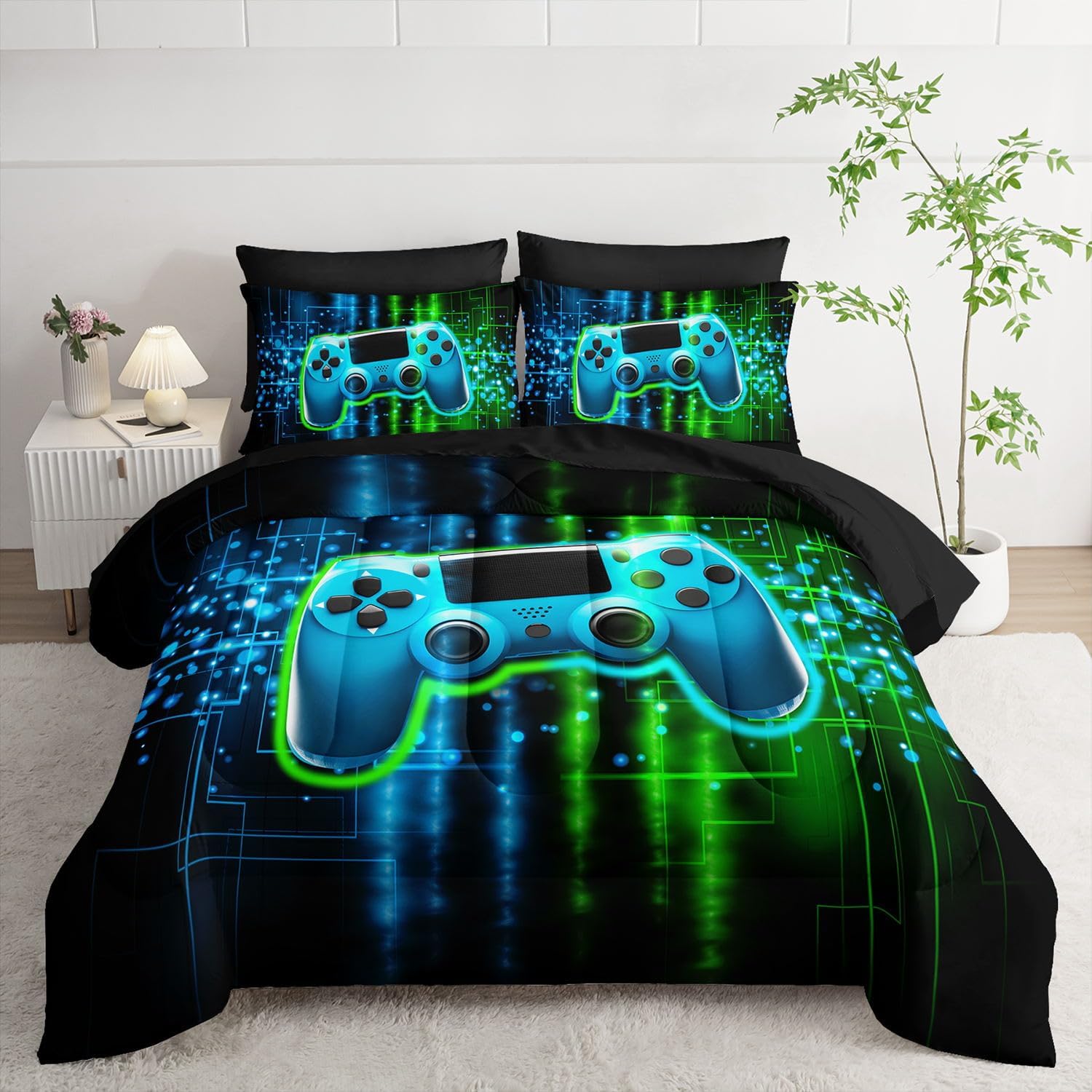7Pcs Space Comforter Set Astronaut Space Rocket Printed Bedding Set with 1 Comforter, 1 Flat Sheet, 1 Fitted Sheet and 4 Pillowcases for Boys and Girls Bedroom (Astronaut Queen