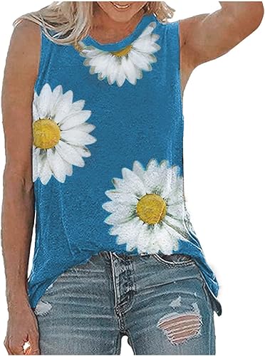 Camiseta sin mangas con estampado de margaritas para mujer blusa con cuello gráfico Redondo tipo túnica
