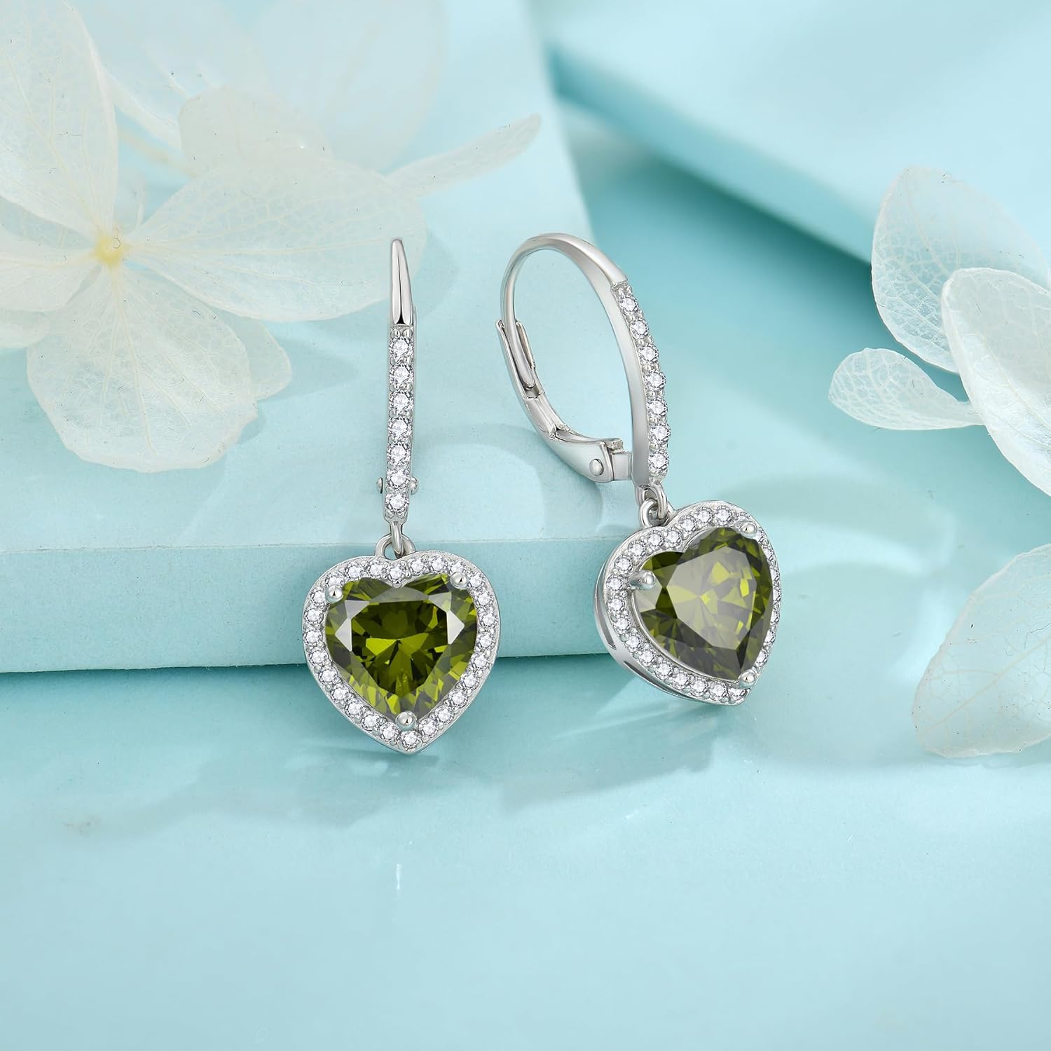FJ Heart Dangle Drop Earrings 925 Sterling Silver Halo Leverback Earrings Birthstone Jewelry for Women - Image 4