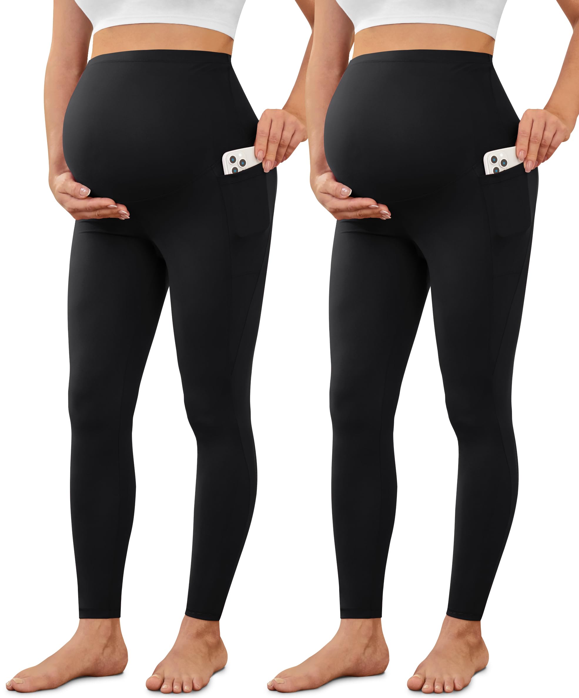Creamlush 2/4 Pack Maternity Leggings with Pockets, Over Belly Buttery Soft Pants for Yoga, Lounge, Daily Wear-image-32