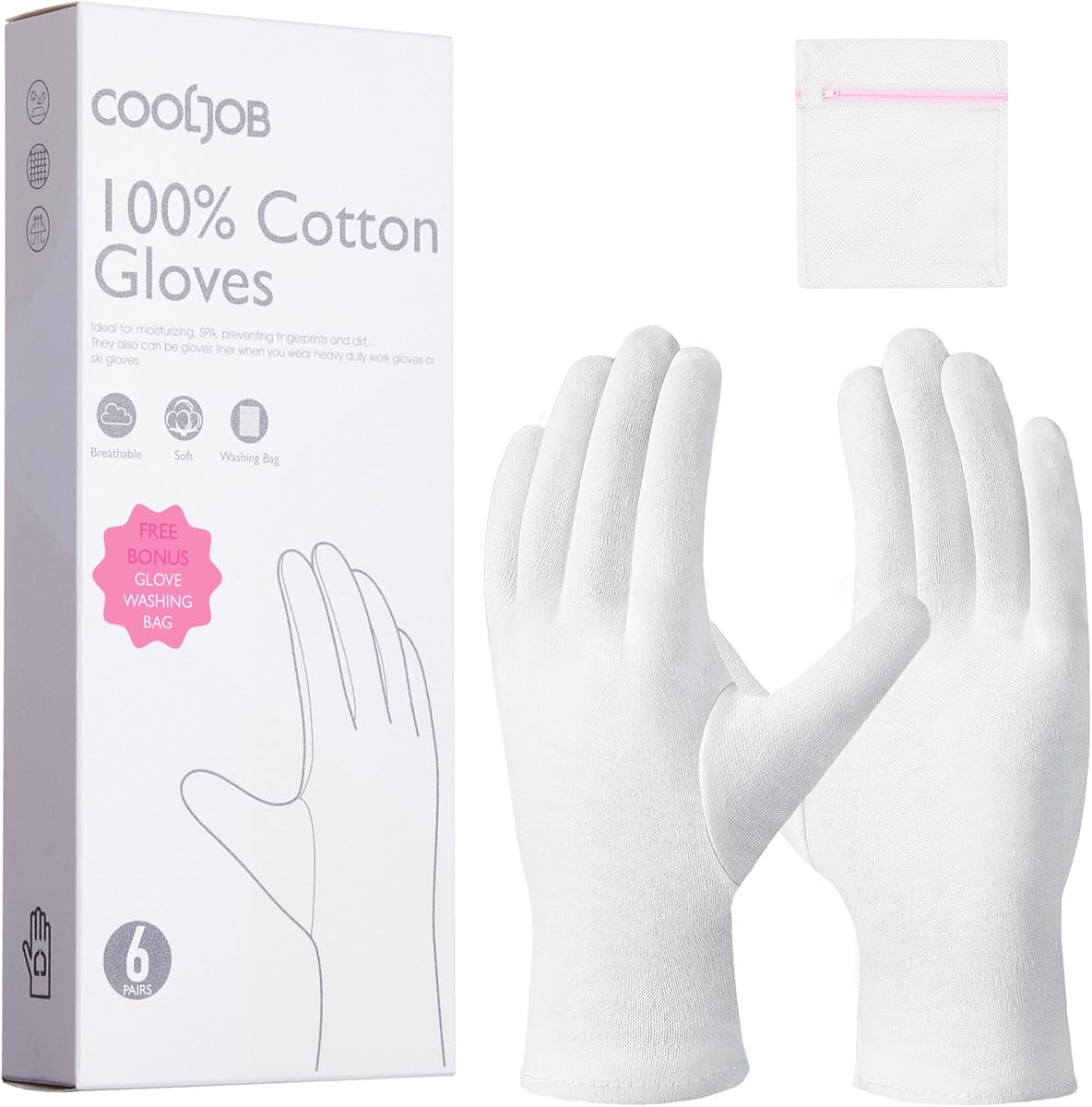 COOLJOB 100% Cotton Gloves, 6 Pairs White Cotton Gloves for Dry Hands Moisturizing & Eczema, Overnight Lotion, Sleep & Spa Treatment for Women & Men, Breathable Work Glove Liners, Large Size